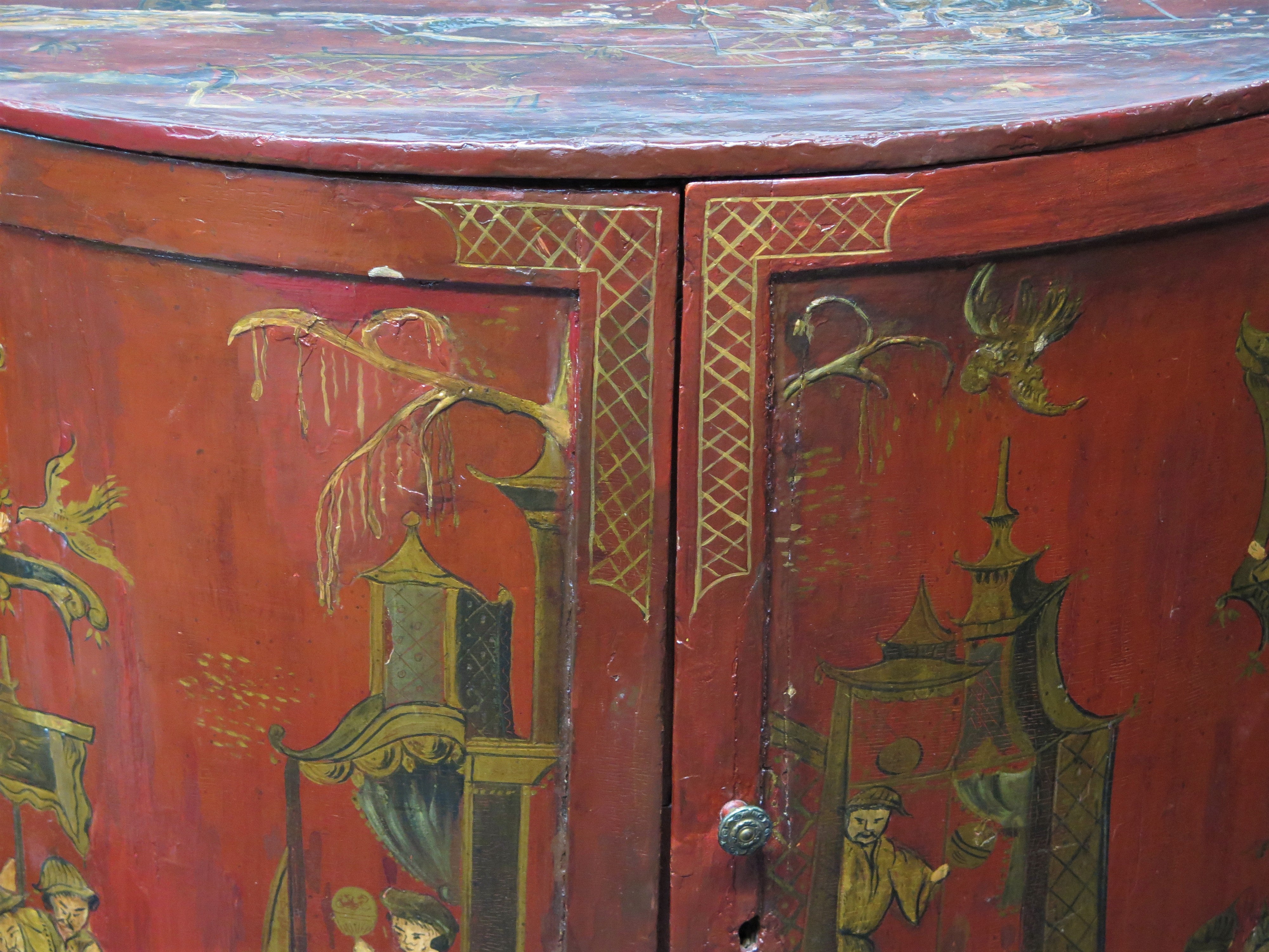 George III Chinoiserie Red Laquered Demilune Cabinet