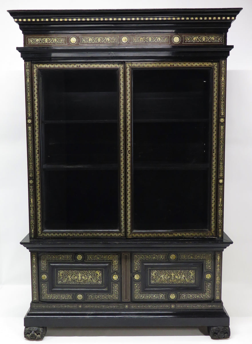 North Italian Ebonized Marquetry Inlaid Vitrine Cabinet