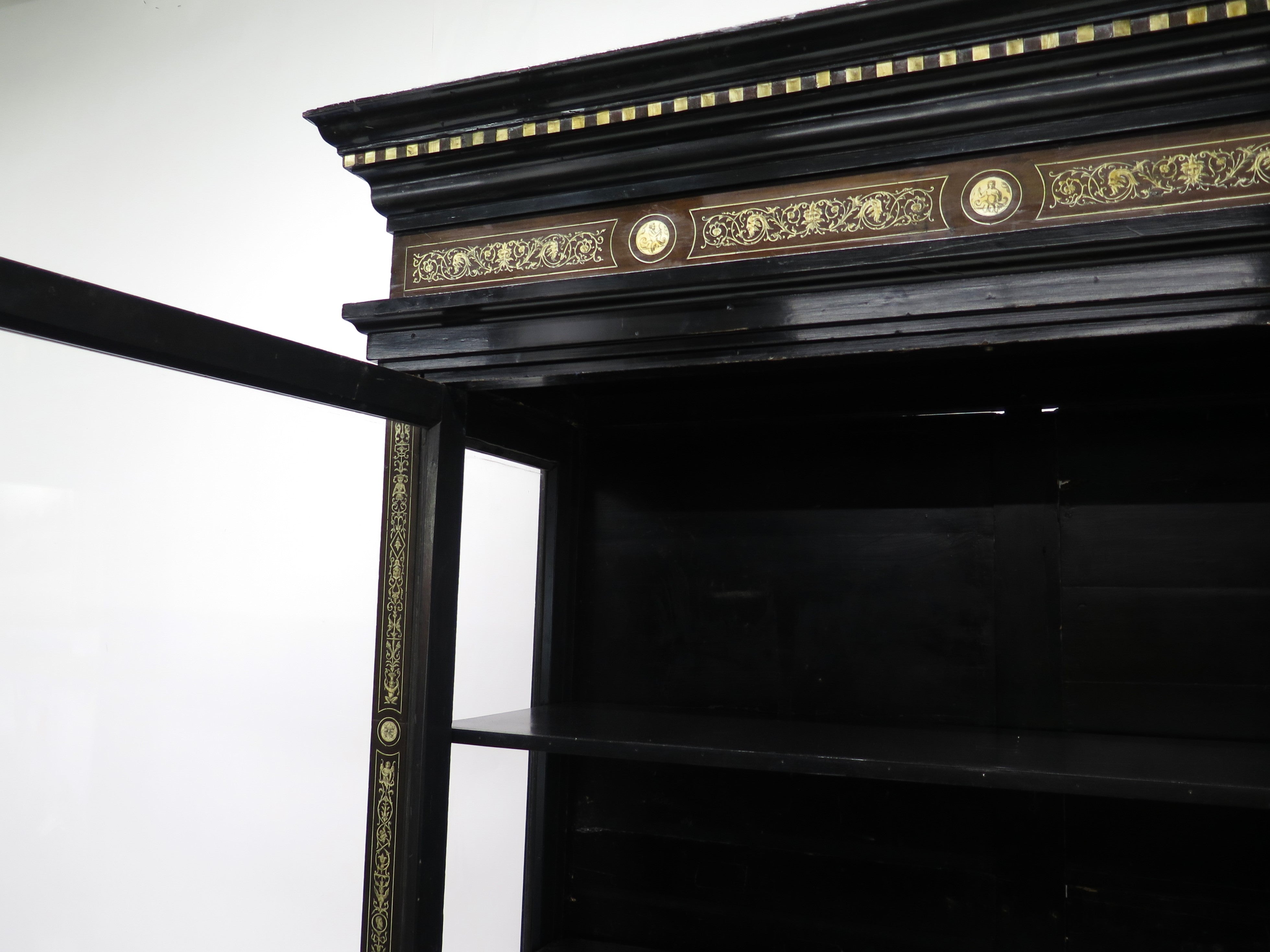 North Italian Ebonized Marquetry Inlaid Vitrine Cabinet Illuminated