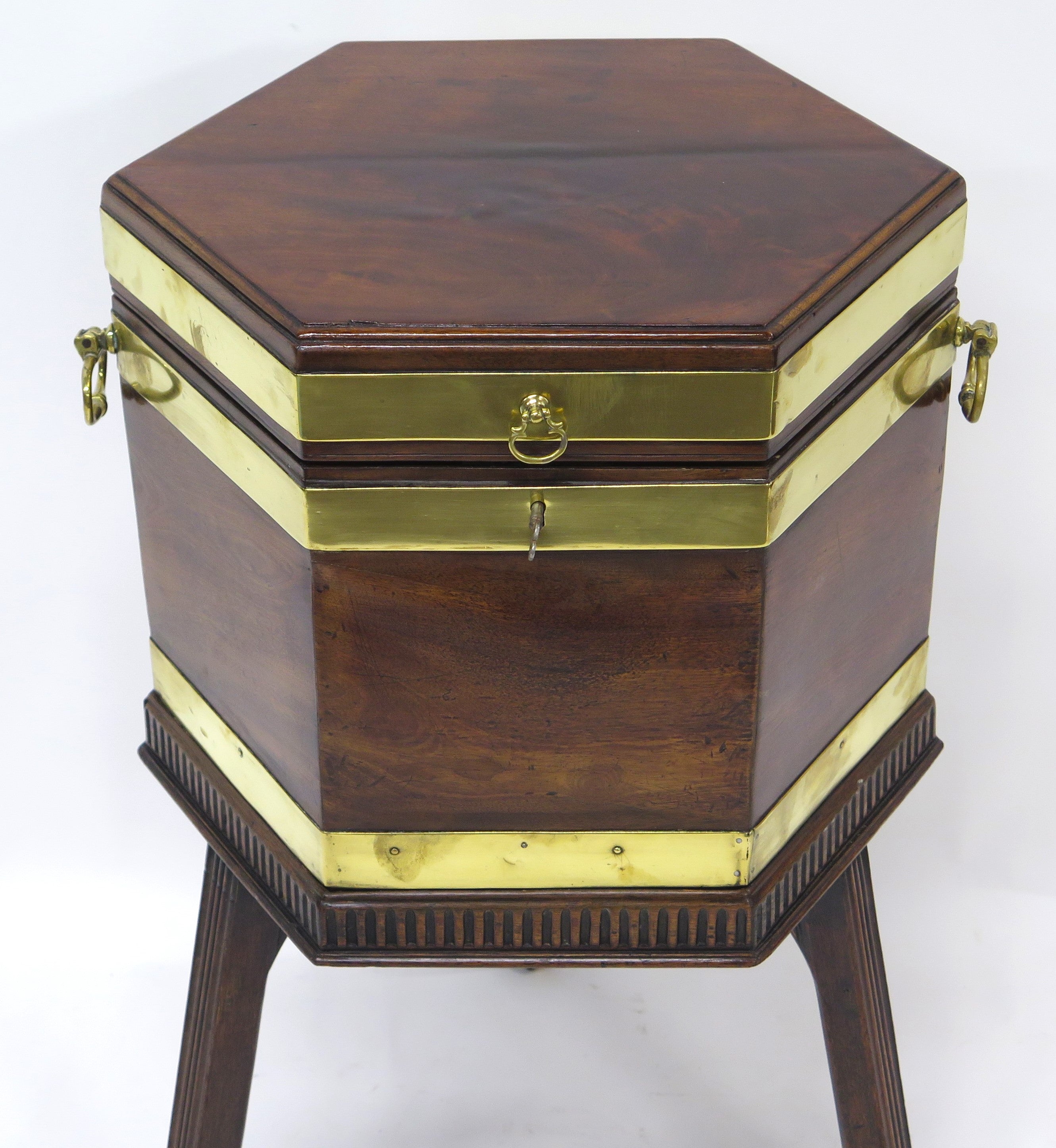 Georgian Mahogany Hexagonal Cellarette with Wide Brass Bands