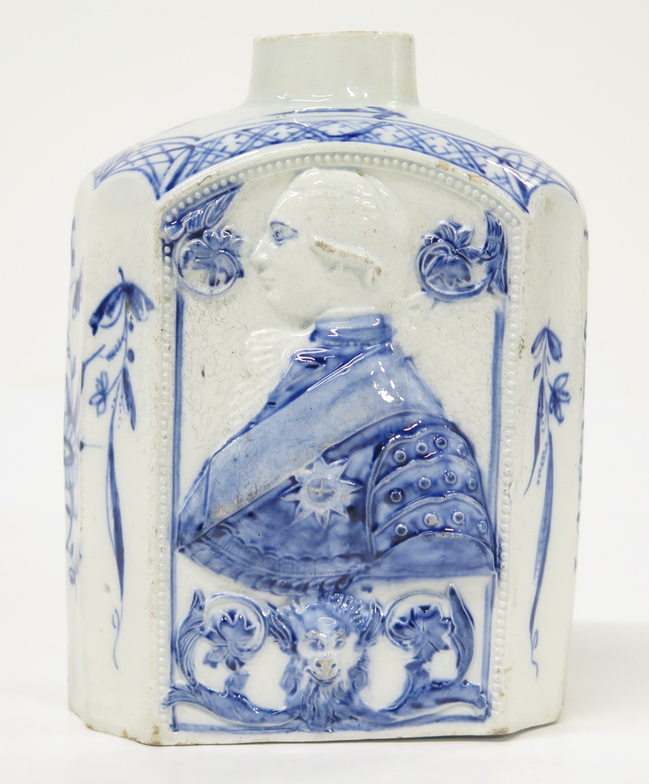 A Fine Pottery Painted Blue Pearlware Tea Canister with Profile of King George III