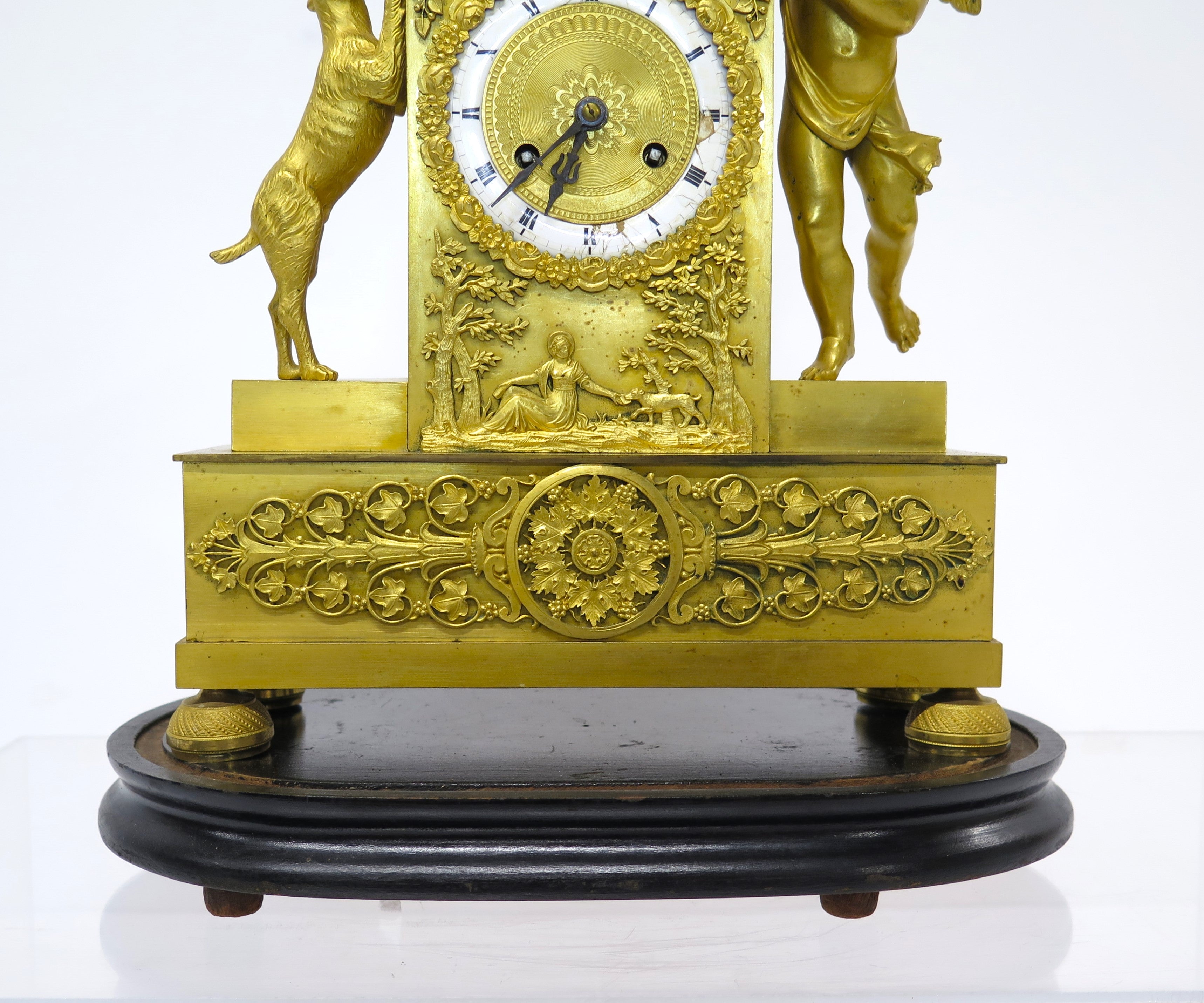 Charles X Gilt Bronze Mantel Clock with Cupid and a Dog Stamped Bechot