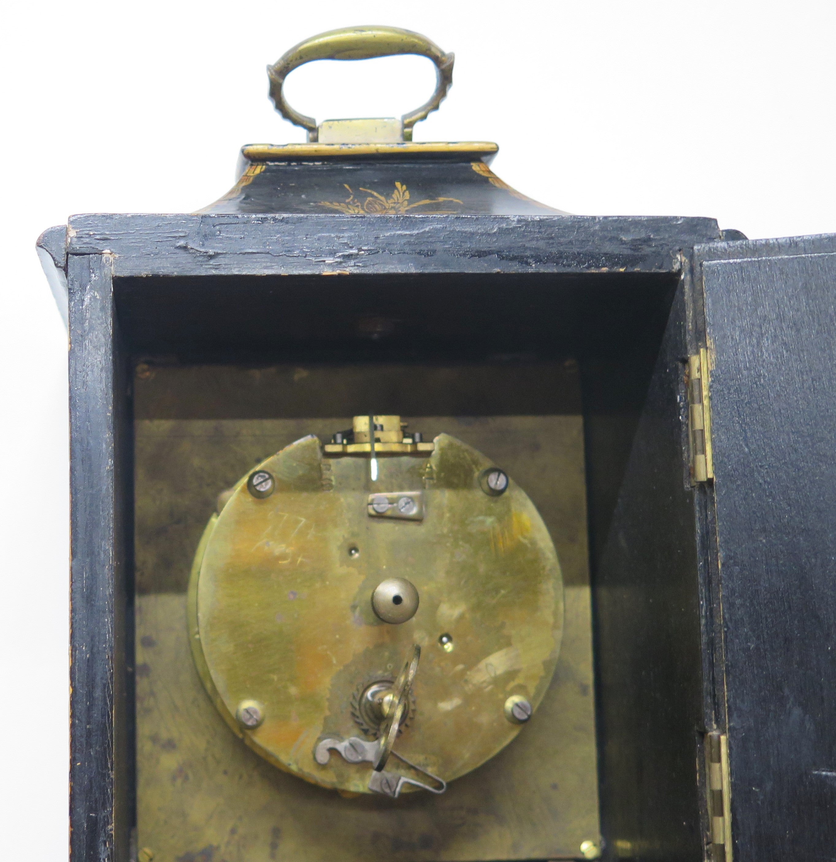A Charming French Black Lacquer Chinoisorie Japanned Bracket Clock