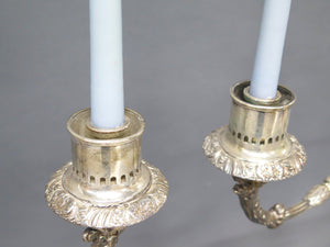 Sheffield Silver Candelabra with Etched Hurricane Shades