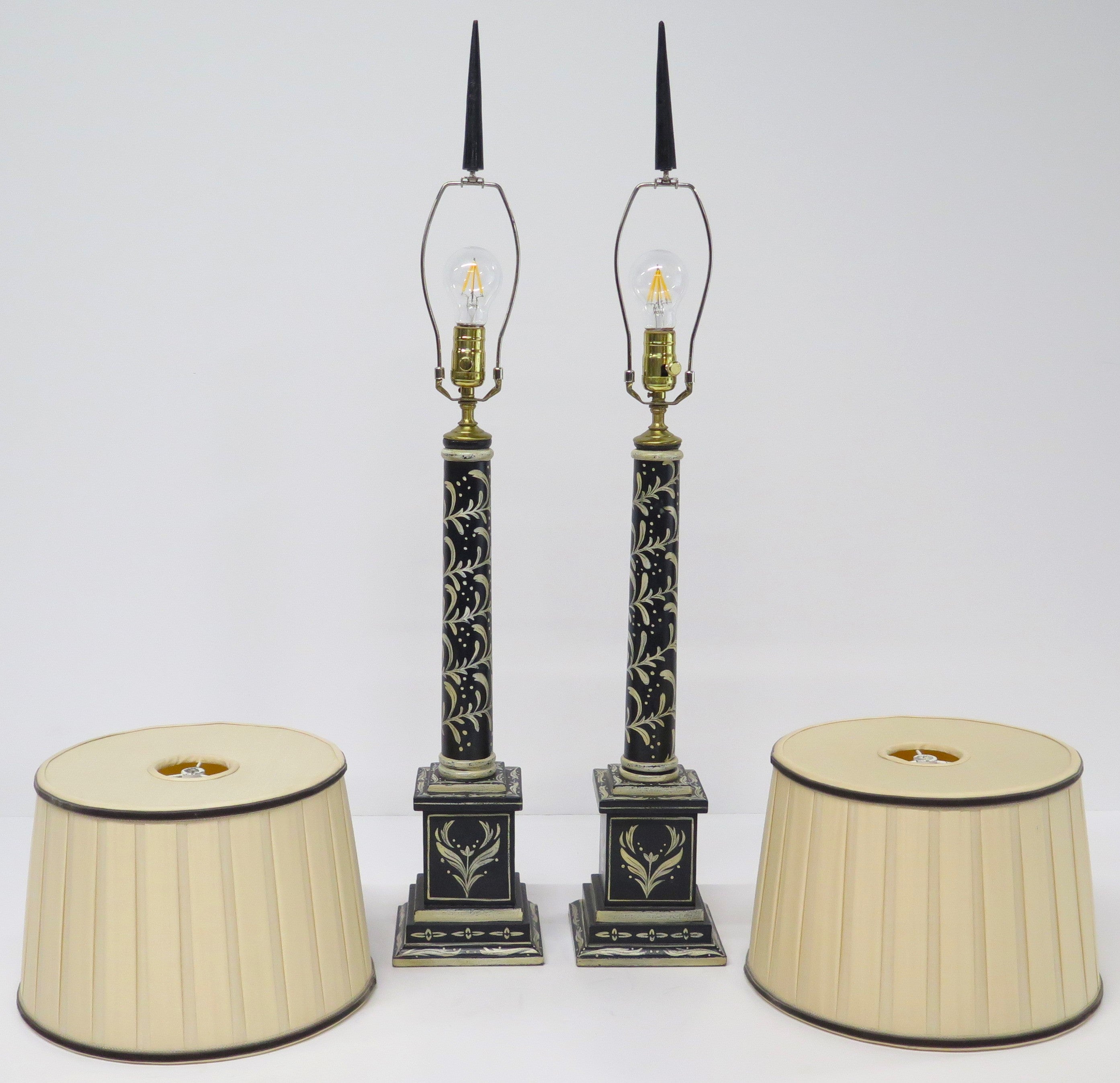 Pair of Black and White Painted Wooden Column Table Lamps