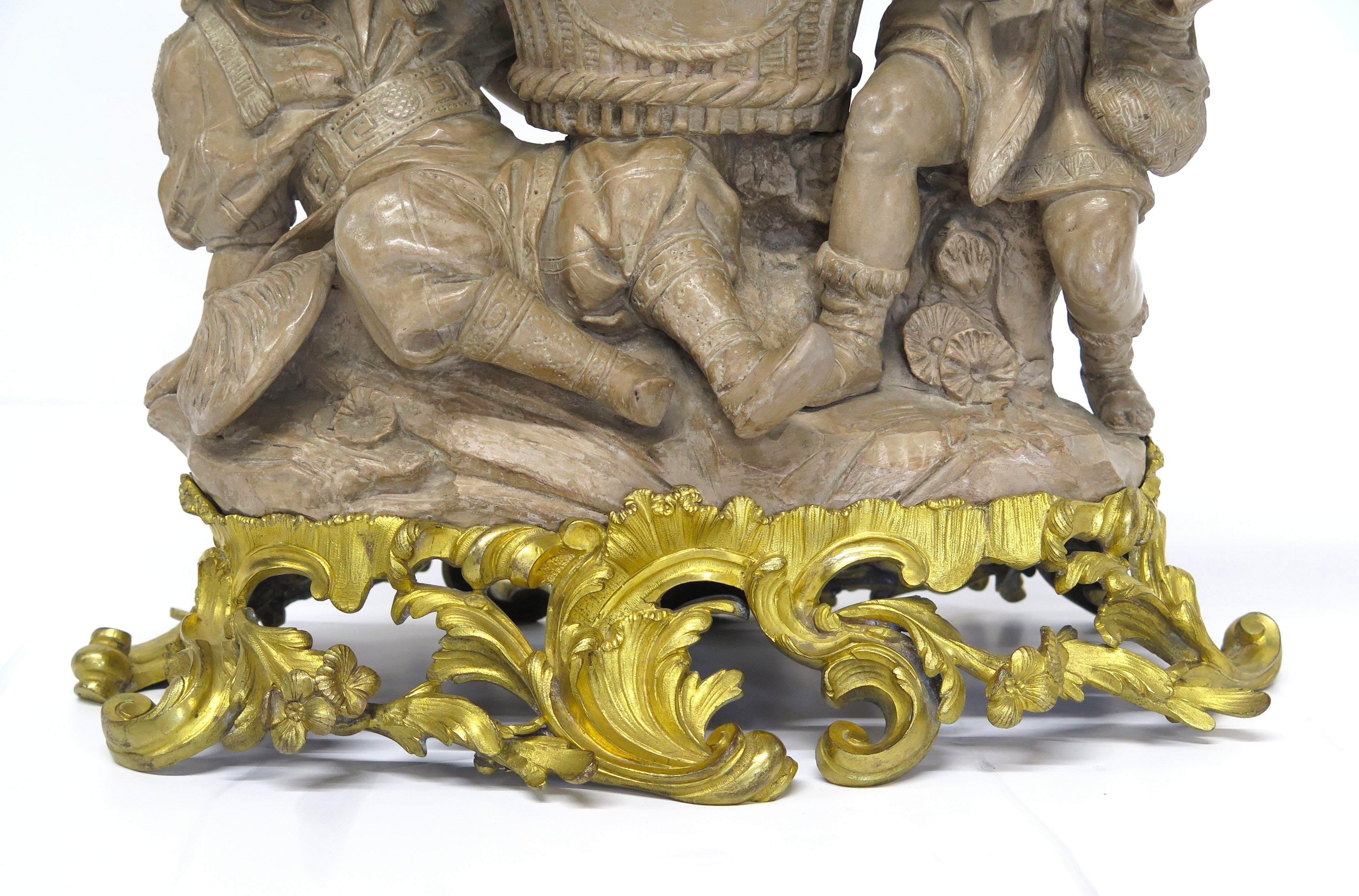 A Louis XV-Style Ormolu Mounted Terracotta Tôle Painted and Porcelain Centerpiece