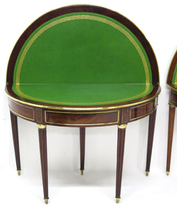 A Beatiful "Near" Pair of Louis XVI Style Mahogany and Brass Mounted Demilune Games Tables