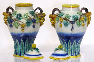 Pair of Beautifully Painted Majolica Lidded Urns