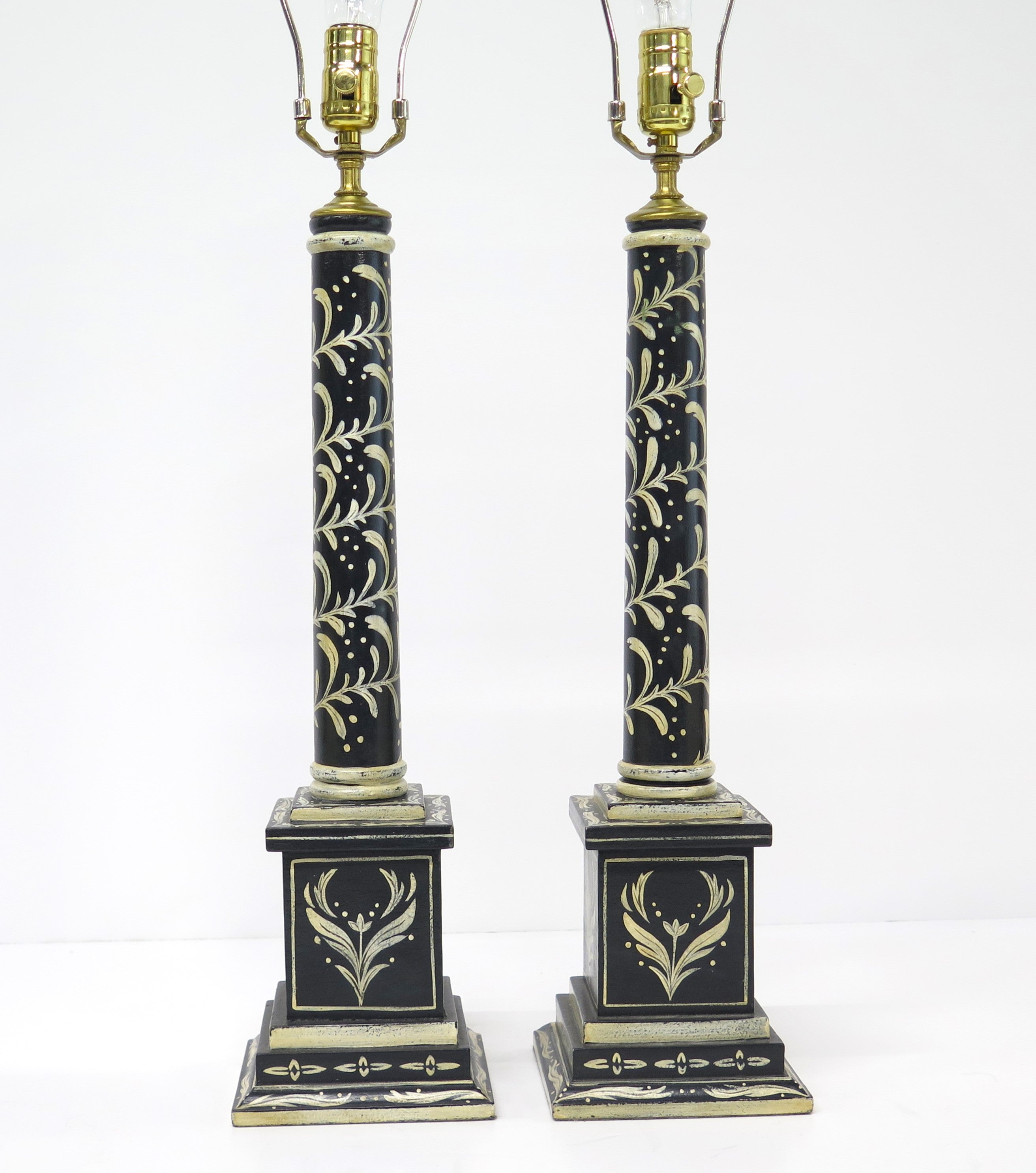 Pair of Black and White Painted Wooden Column Table Lamps