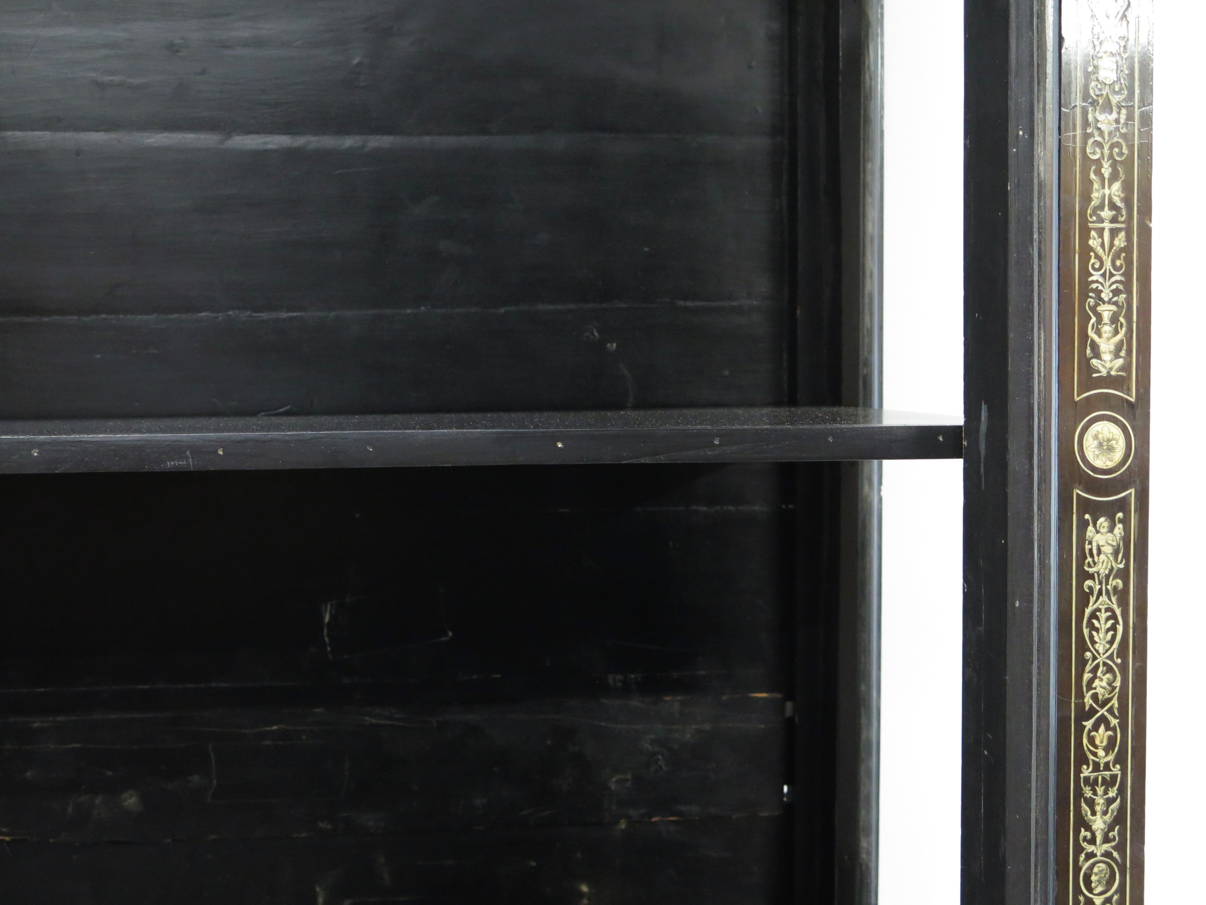 North Italian Ebonized Marquetry Inlaid Vitrine Cabinet Illuminated
