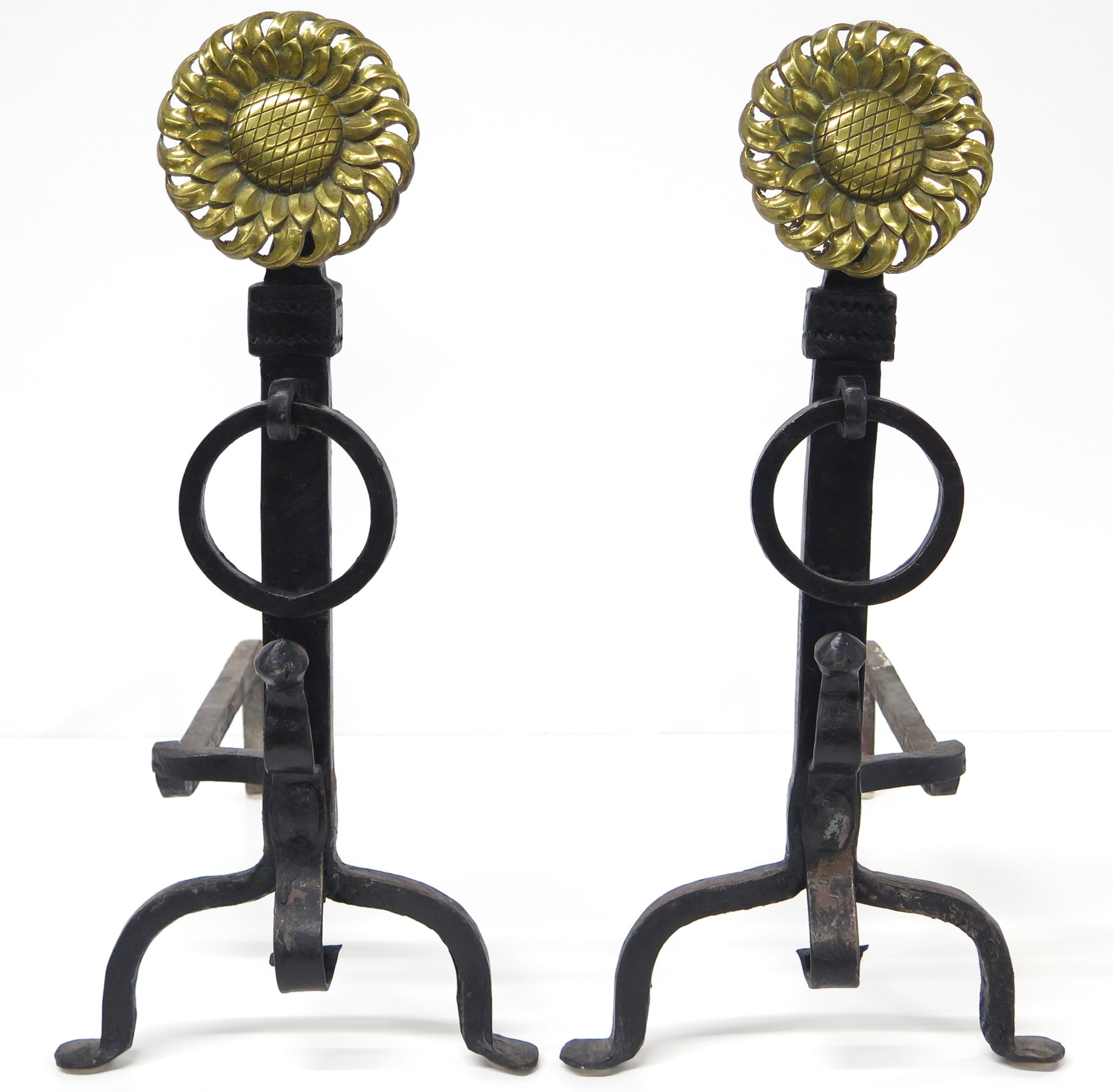 English Turn of the Century Brass and Iron Sunflower Andirons