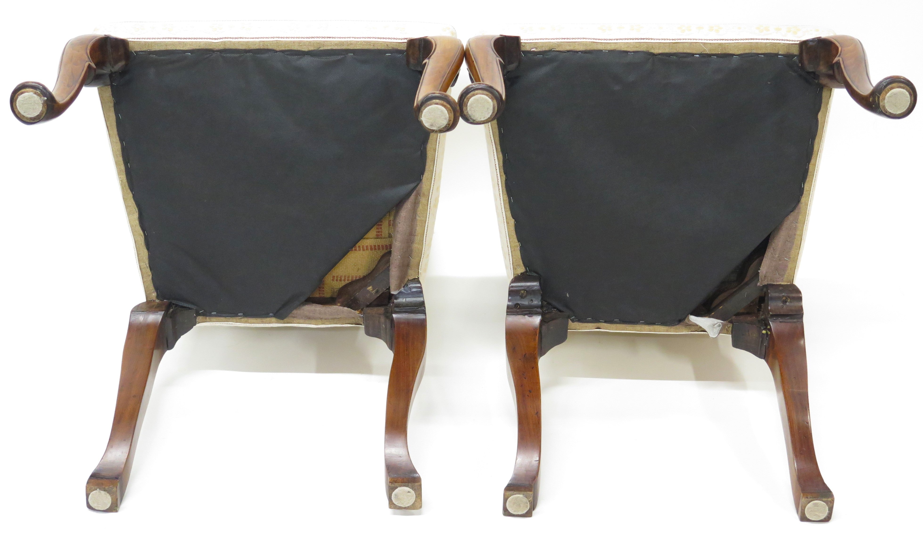 A Pair of Queen Anne Style Walnut Upholstered Backstools / Chairs