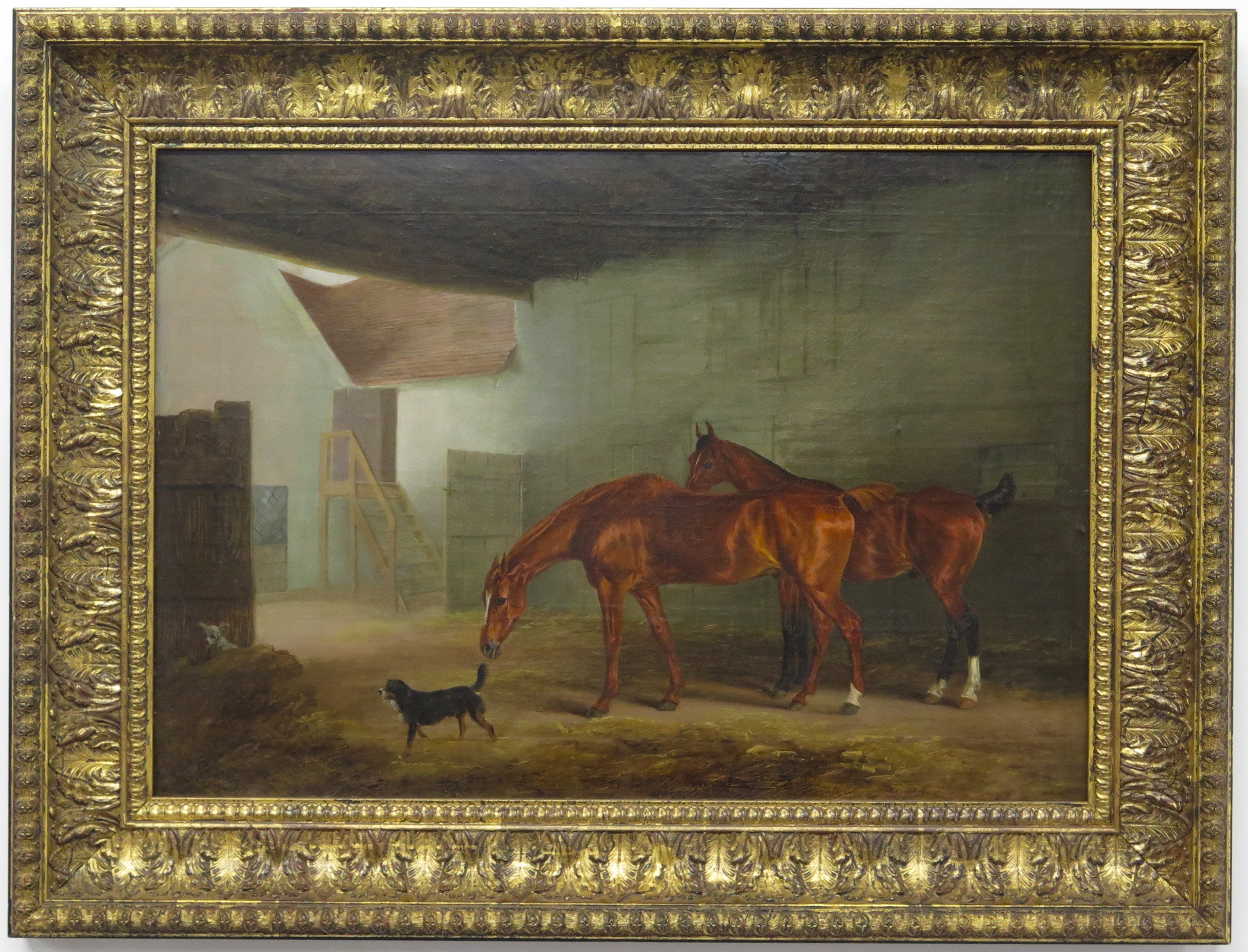 English School Oil on Canvas Depicting Horses and Dogs in a Stable