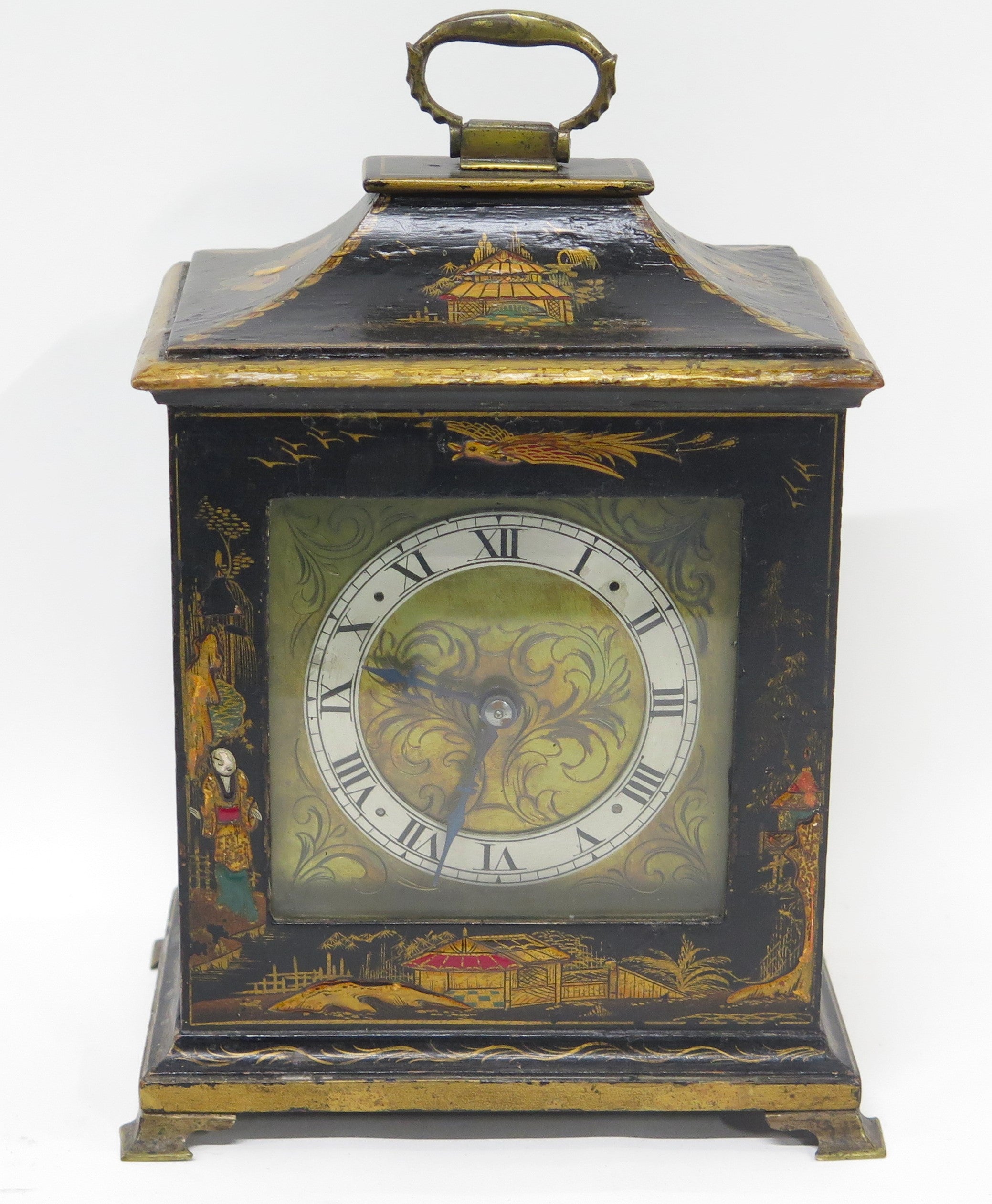 A Charming French Black Lacquer Chinoisorie Japanned Bracket Clock