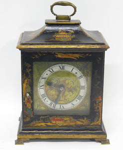 A Charming French Black Lacquer Chinoisorie Japanned Bracket Clock