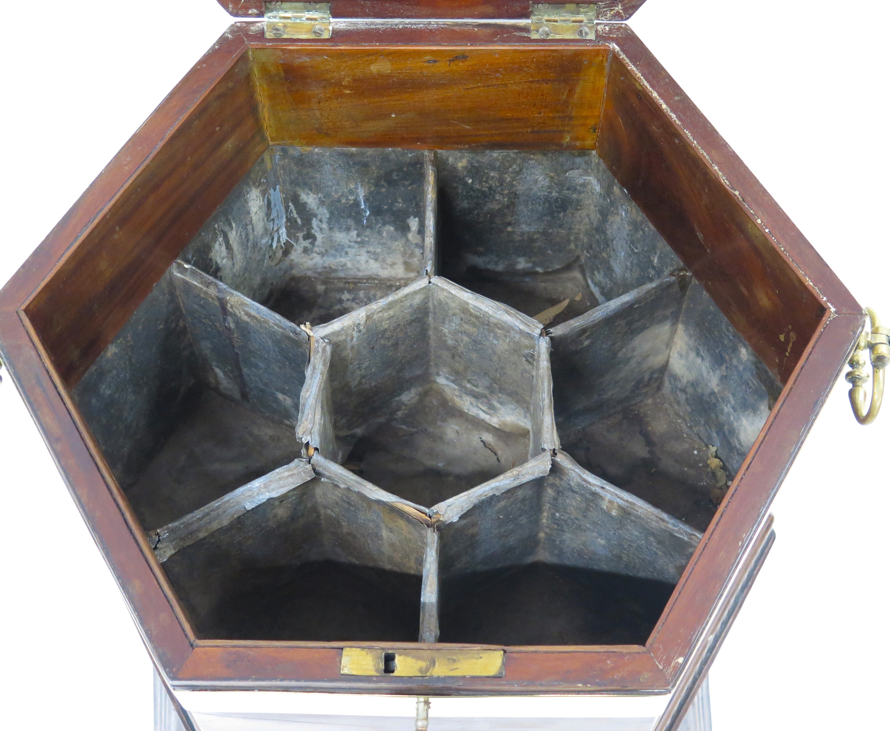Georgian Mahogany Hexagonal Cellarette with Wide Brass Bands