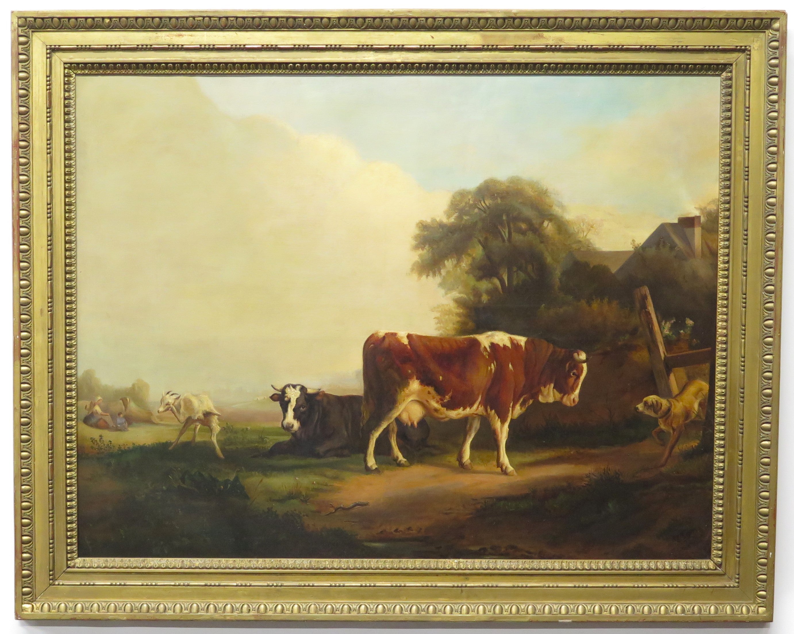 Large Oil on Canvas of a Landscape with Cows, Goats and a Dog. by Jacques Raymond Brascassat