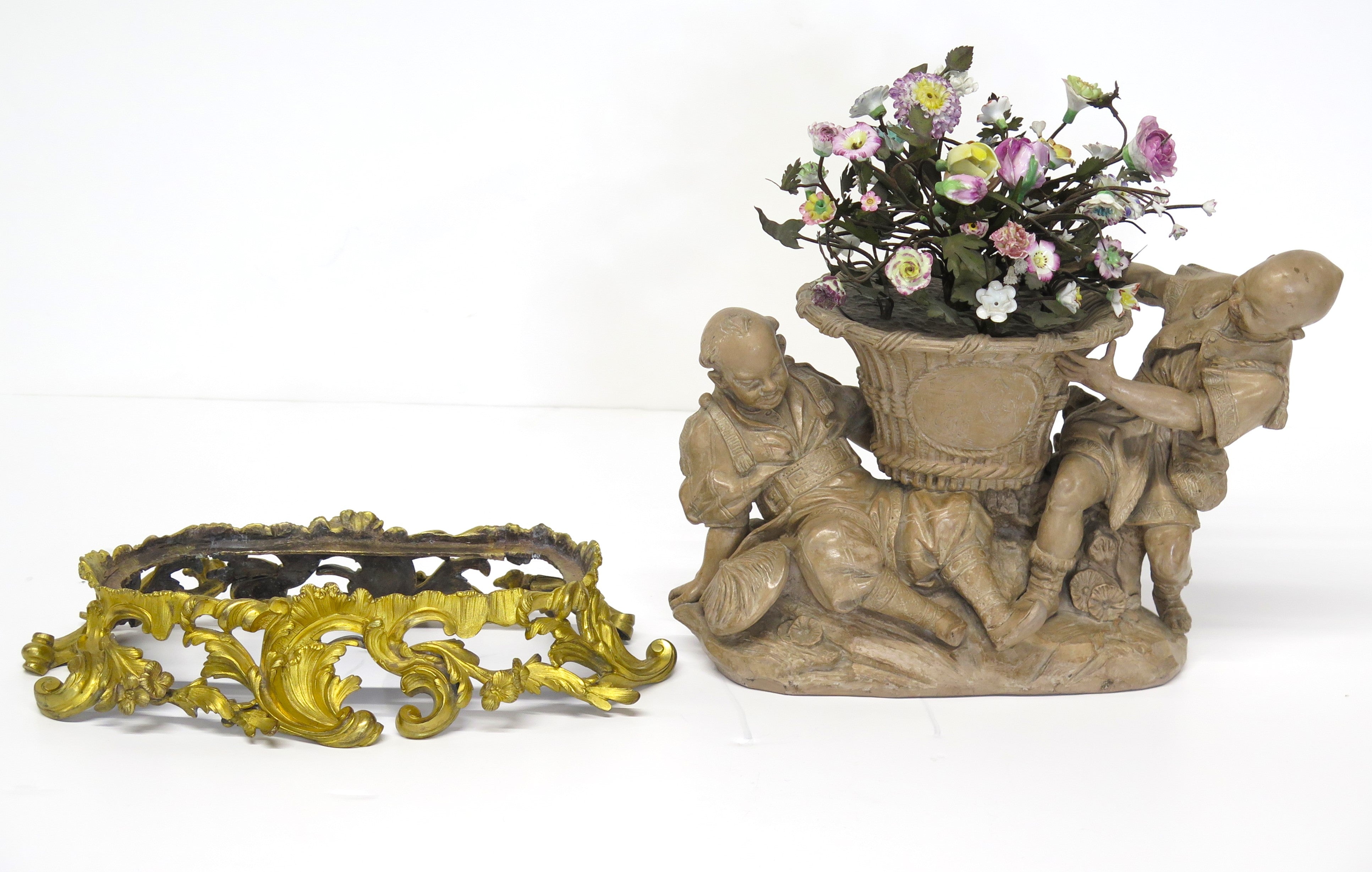 A Louis XV-Style Ormolu Mounted Terracotta Tôle Painted and Porcelain Centerpiece