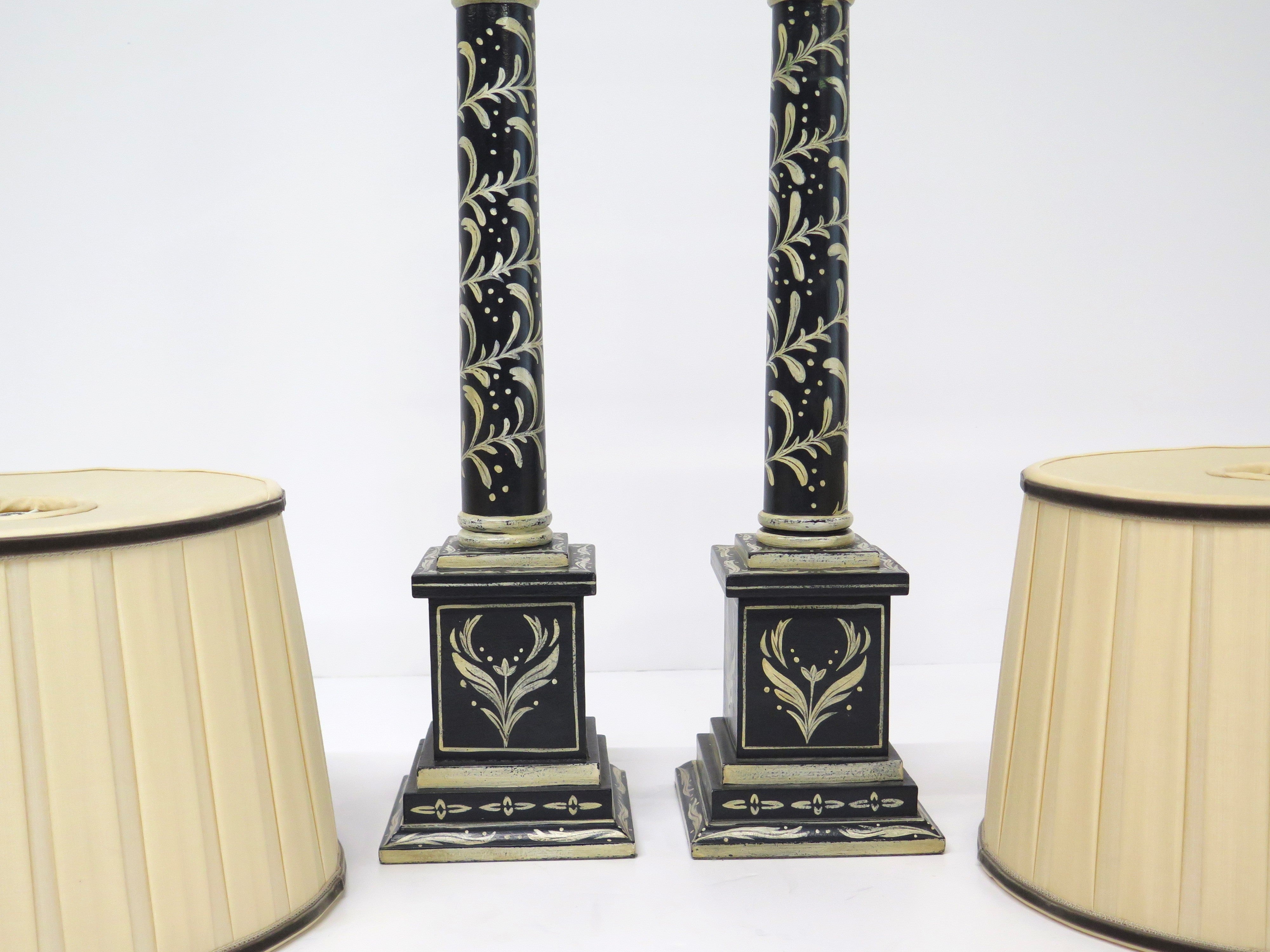 Pair of Black and White Painted Wooden Column Table Lamps