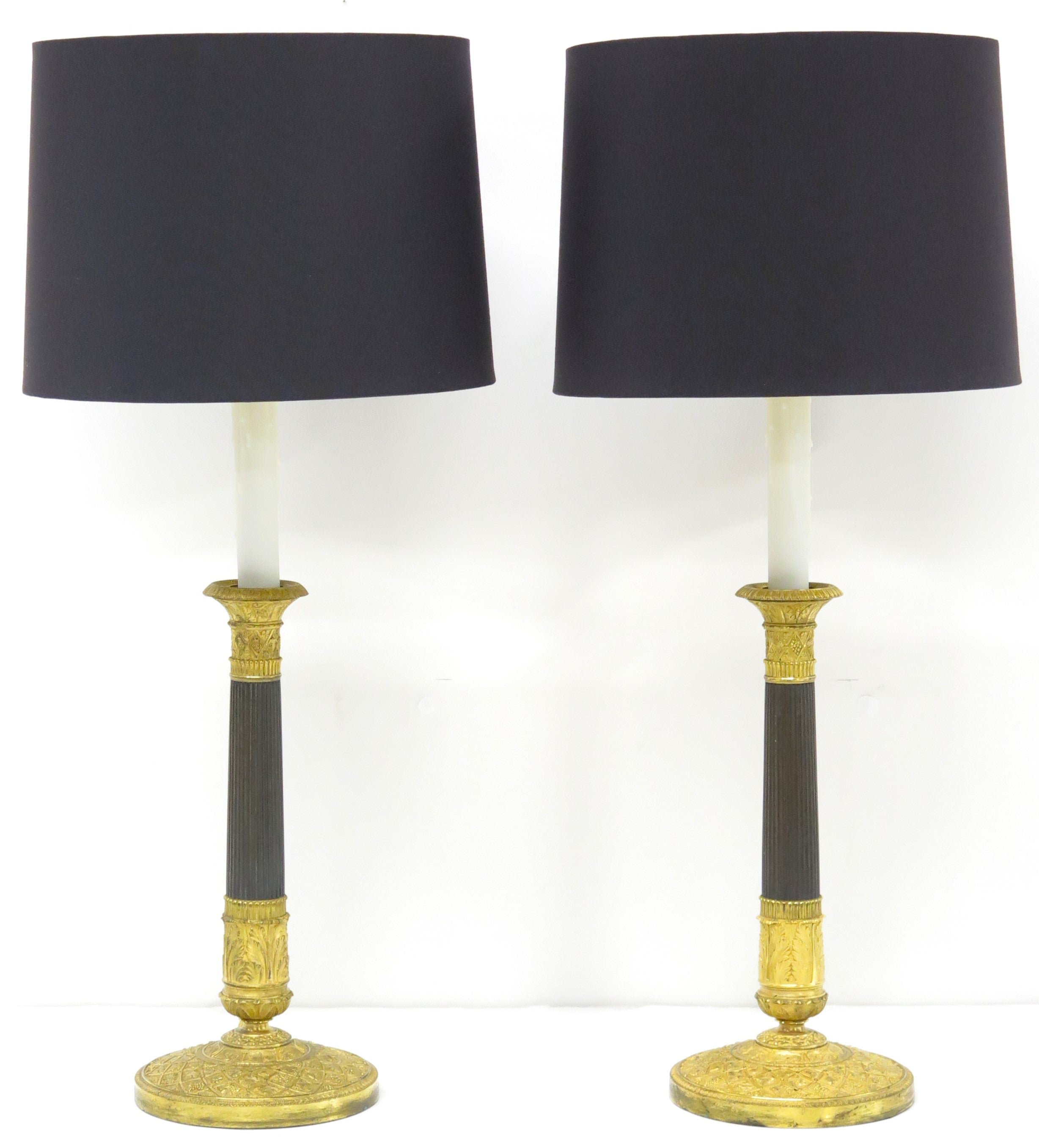 Pair of Charles X Bronze Doré and Patinated Bronze Candlesticks as Custom Lamps