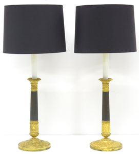 Pair of Charles X Bronze Doré and Patinated Bronze Candlesticks as Custom Lamps