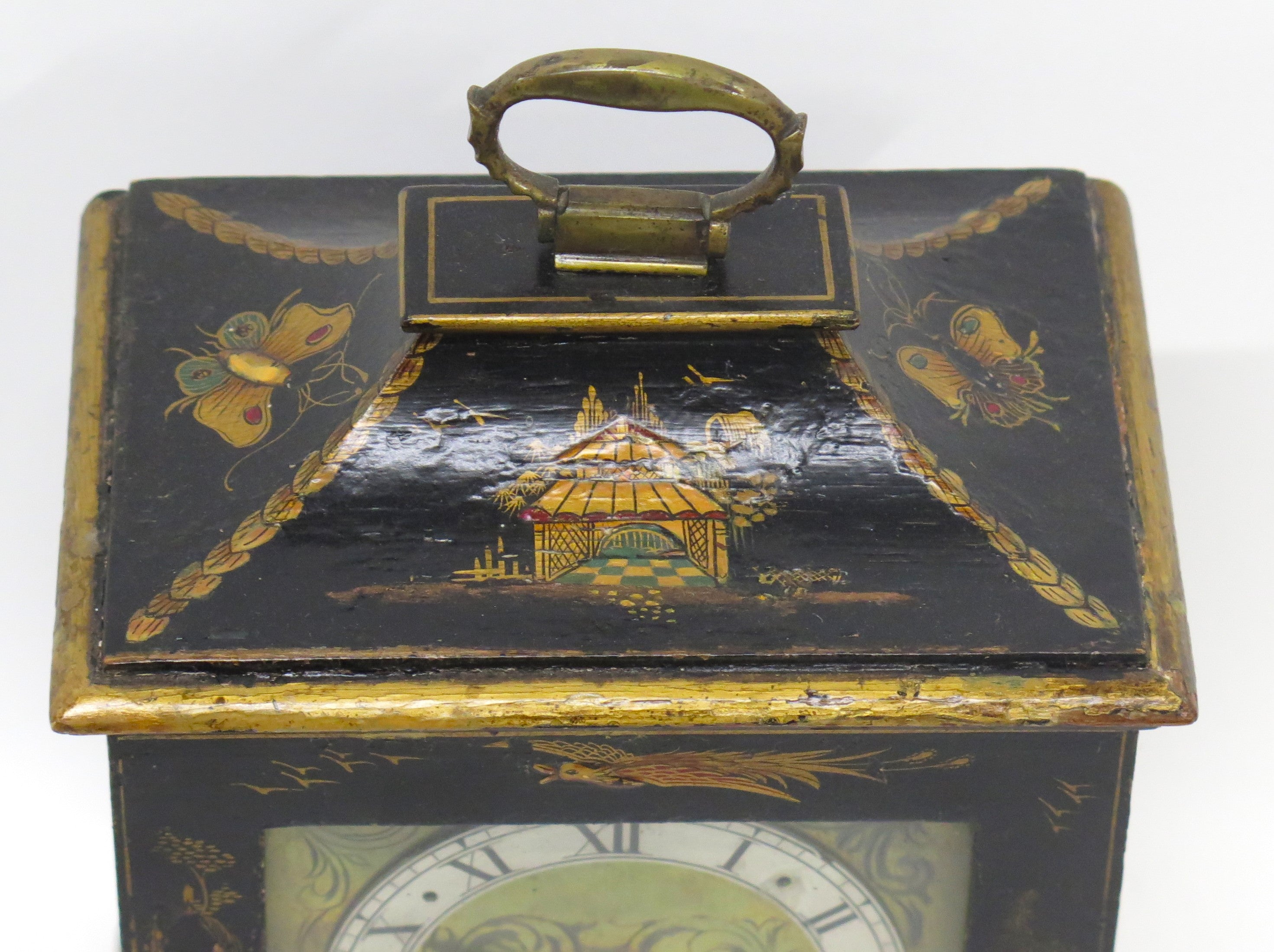 A Charming French Black Lacquer Chinoisorie Japanned Bracket Clock
