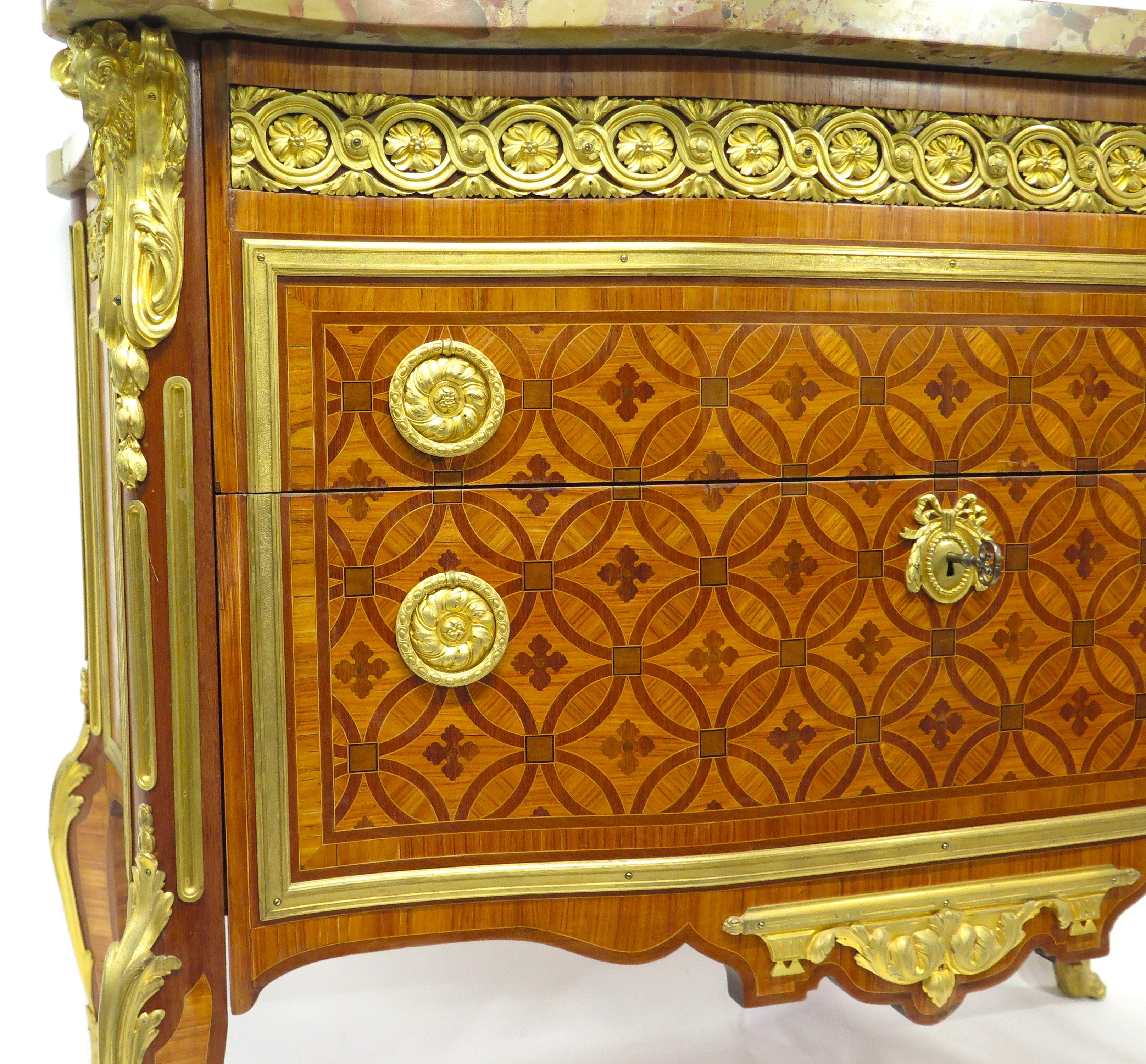 Transitional-Style Ormolu Mounted Parquetry Commode in the Manner of R ...