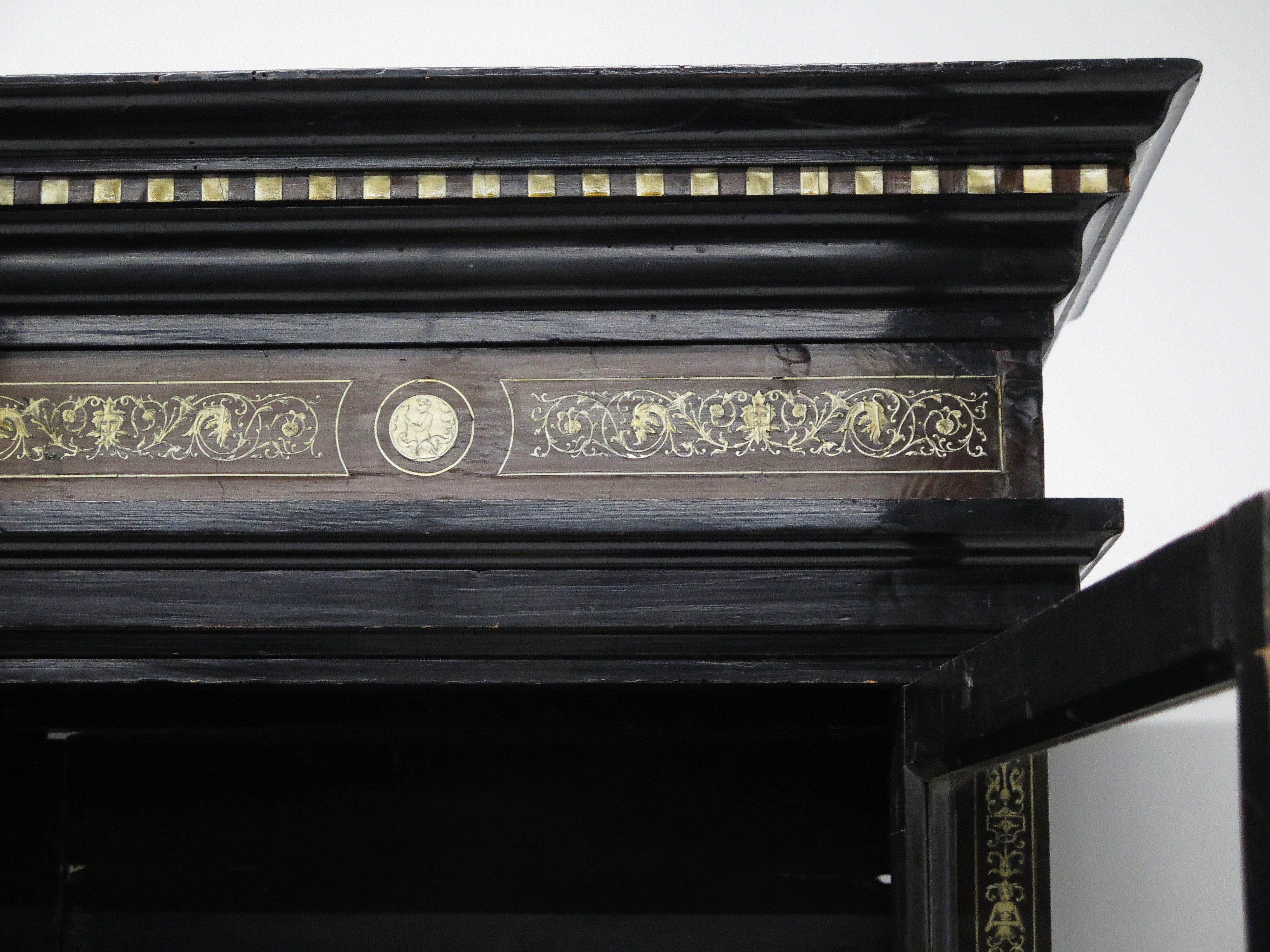 North Italian Ebonized Marquetry Inlaid Vitrine Cabinet Illuminated
