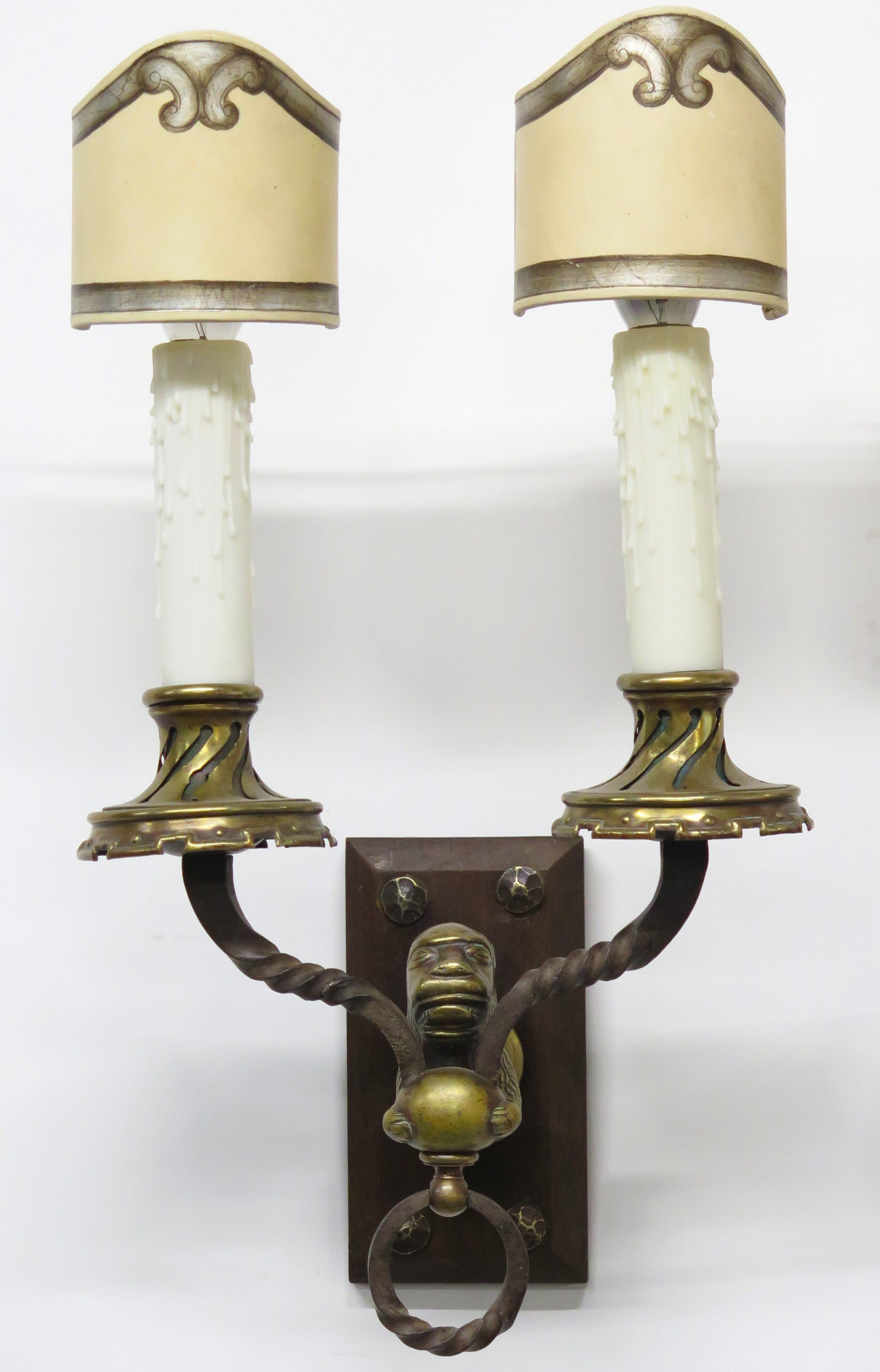 A Pair of Early 20th C. Hand Wrought Iron Two Light Sconces