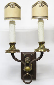 A Pair of Early 20th C. Hand Wrought Iron Two Light Sconces