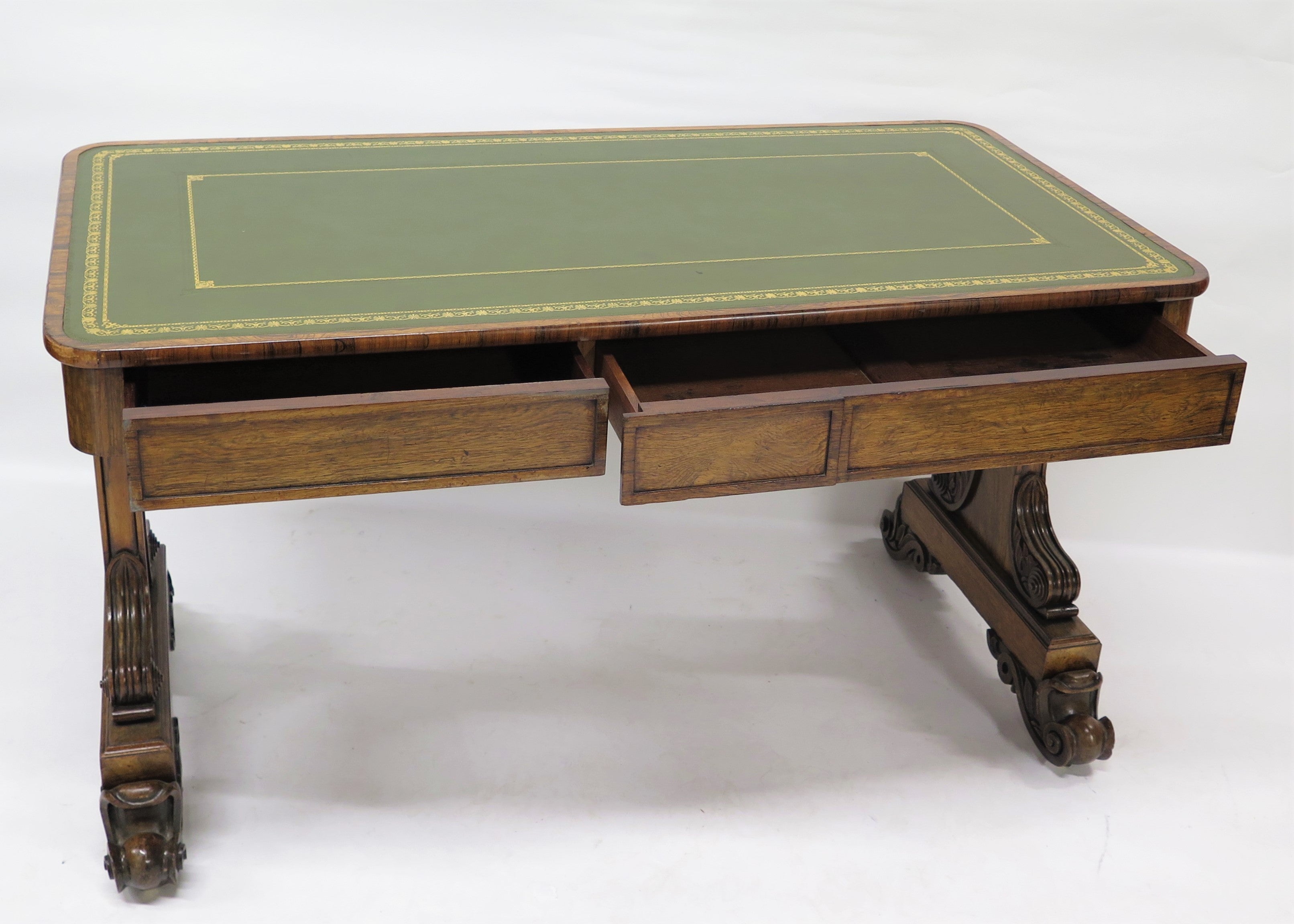 William IV Rosewood Library / Writing Table with Green Leather Top