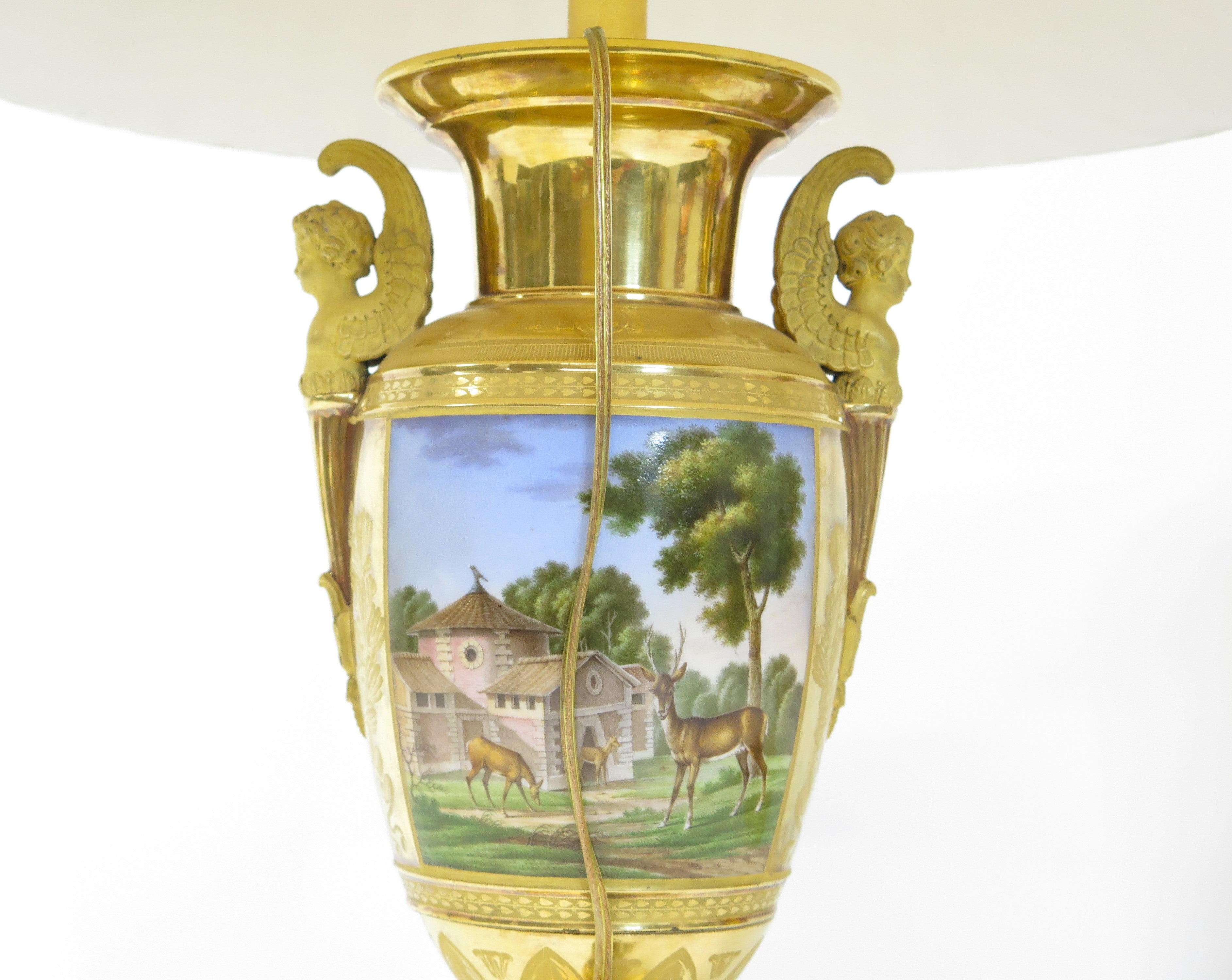 Pair of Gilt Bronze and "Old Paris" Porcelain Neoclassical Table Lamps