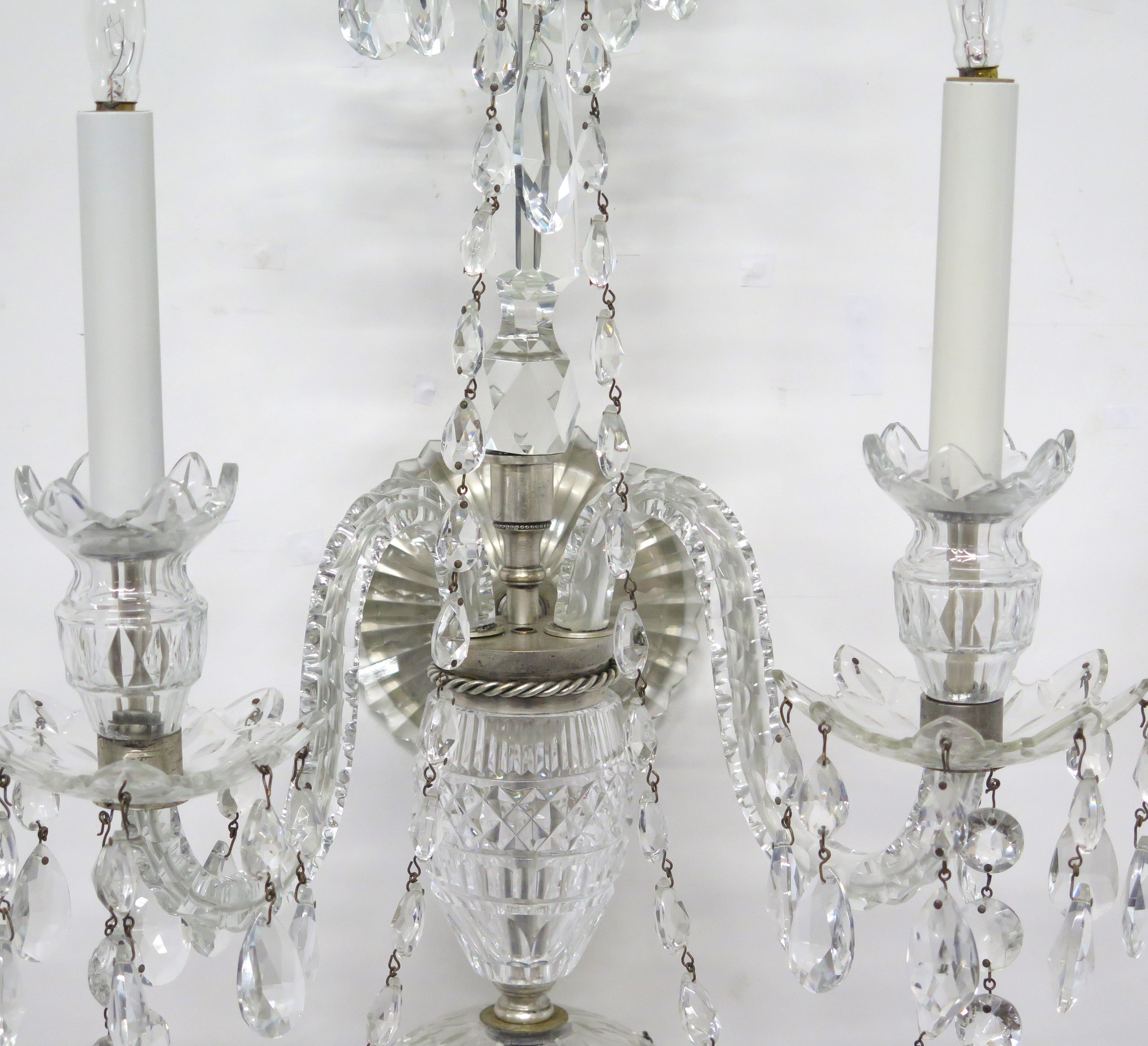 A Large Scale Pair of Georgian Design Two Light Crystal Sconces