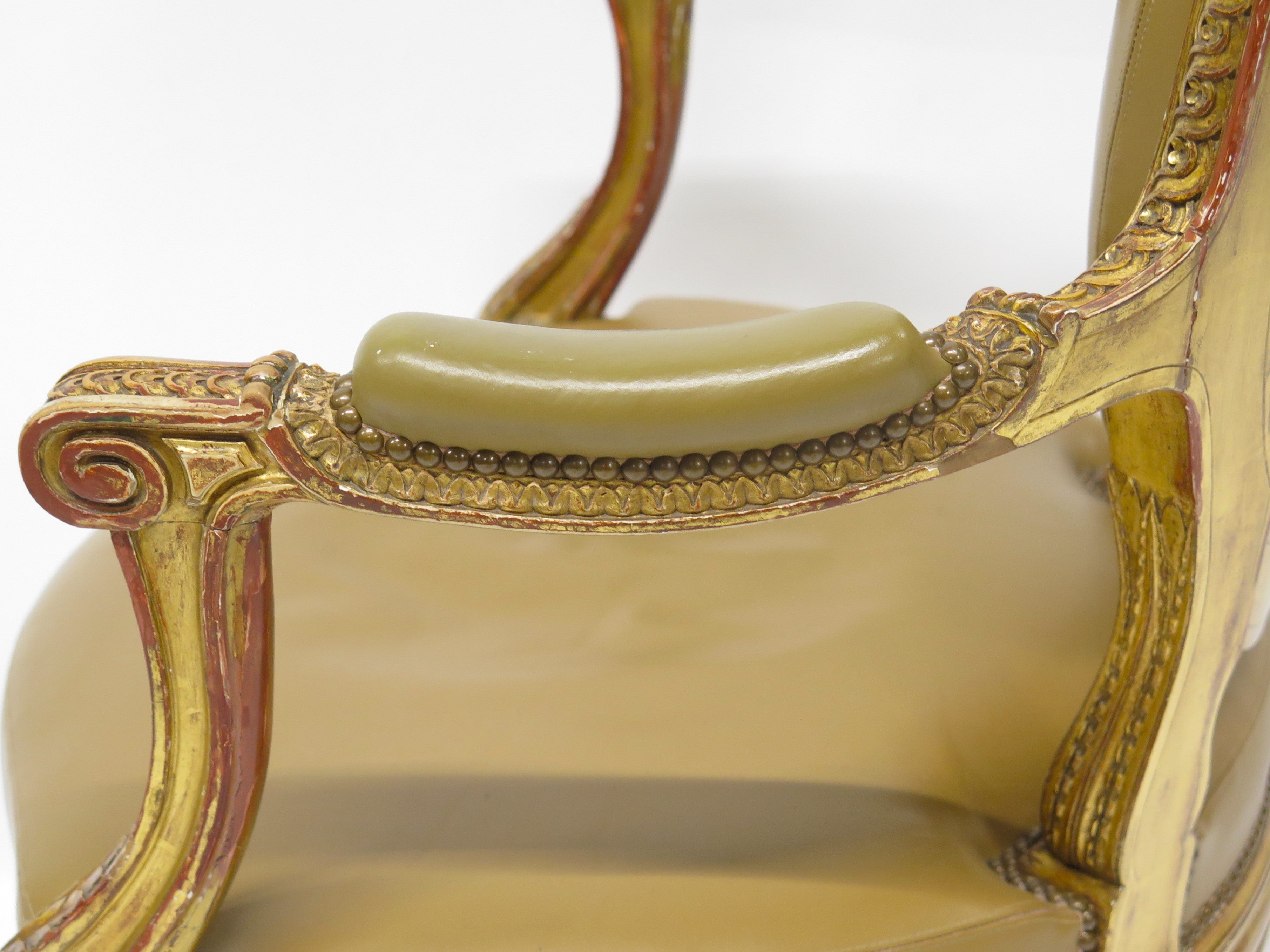 Louis XVI-Style Carved and Gilded Leather Fauteuil