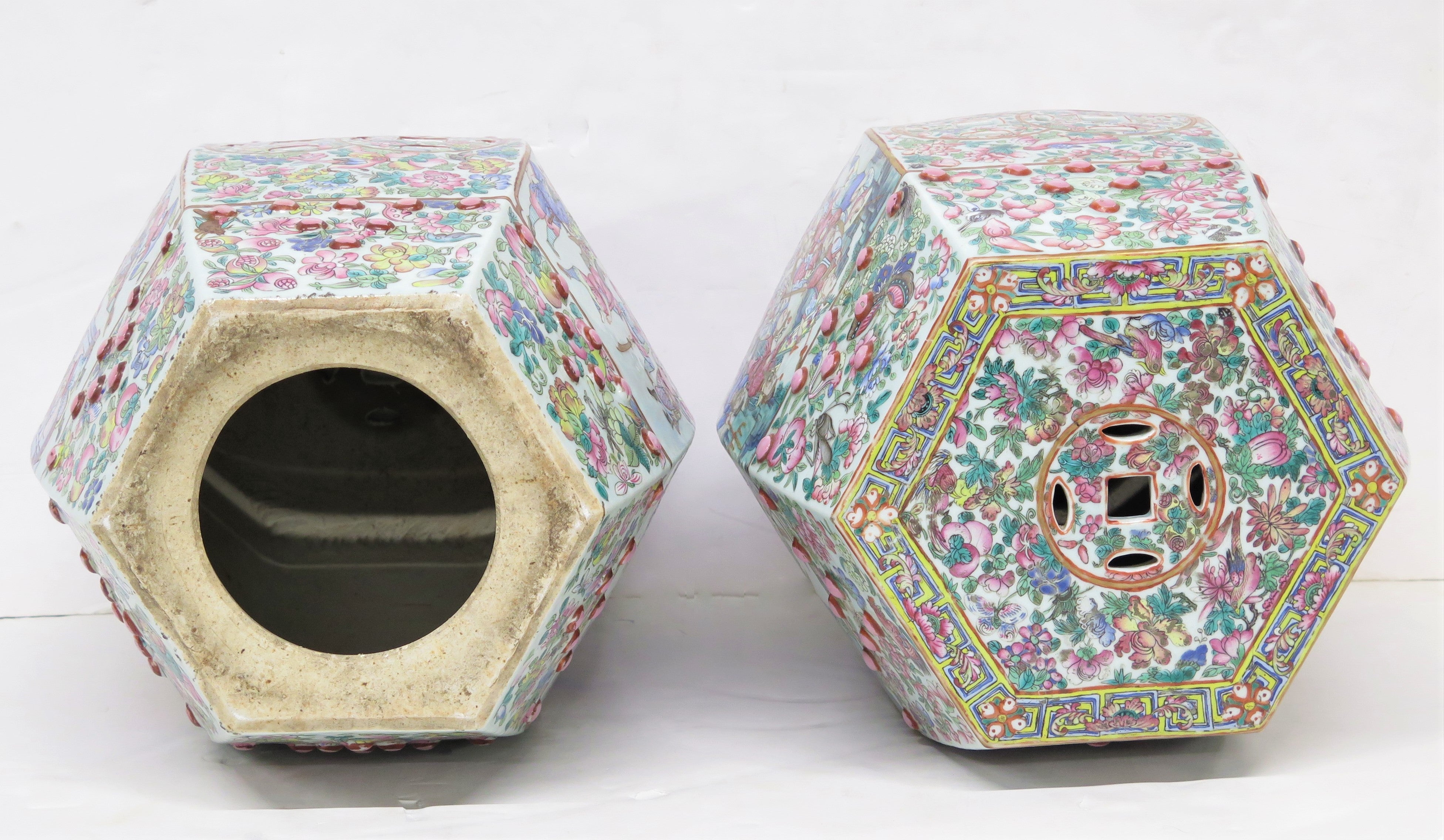 Pair of Antique Chinese Porcelain Faceted Barrel Shaped Garden Seats