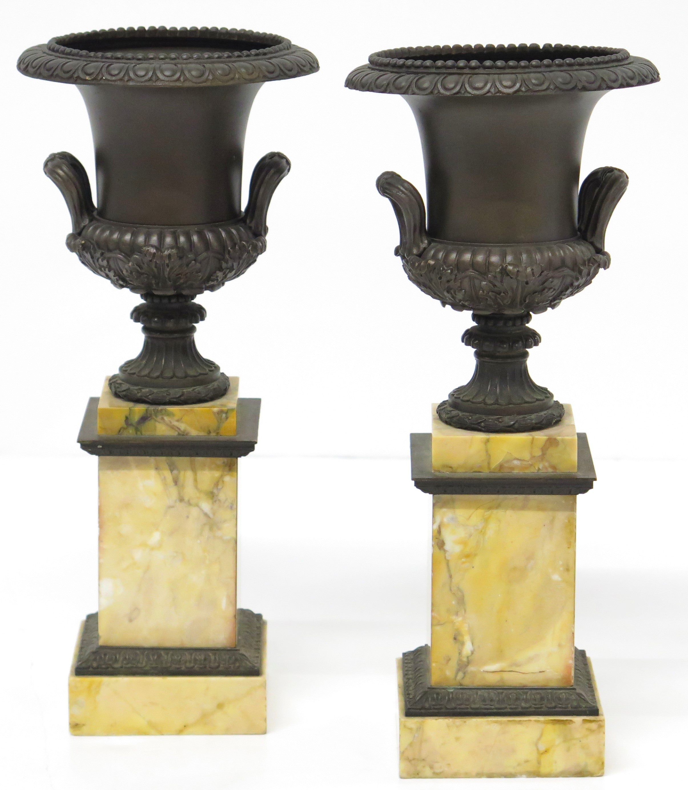A Pair of French Restoration Patinated Bronze and Siena Marble Vases