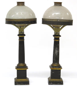 Pair of Tole Carcel "Sinumbra" Table Lamps with Etched Glass Shades