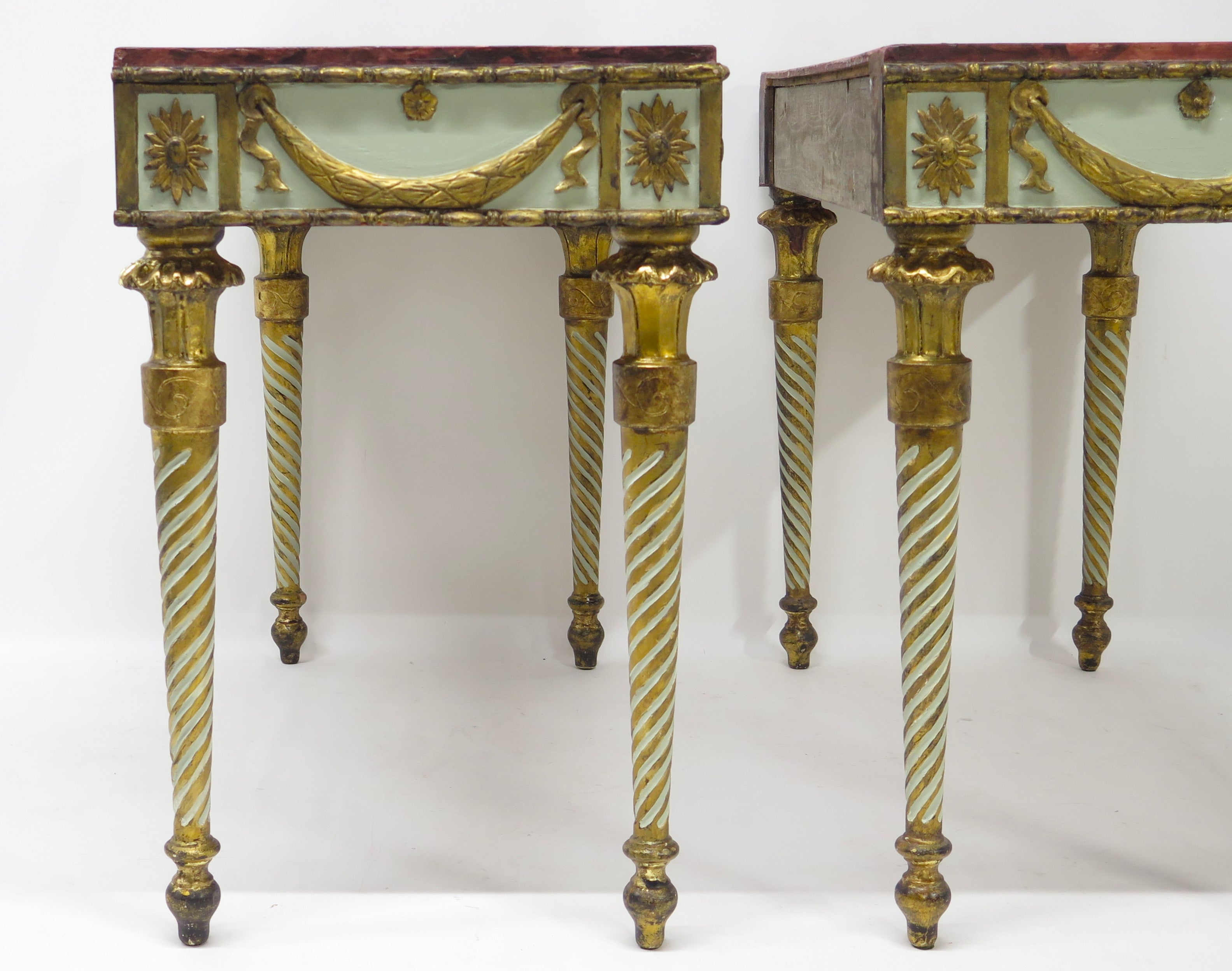 Neoclassic Style Painted Console Tables with Faux Marble Tops
