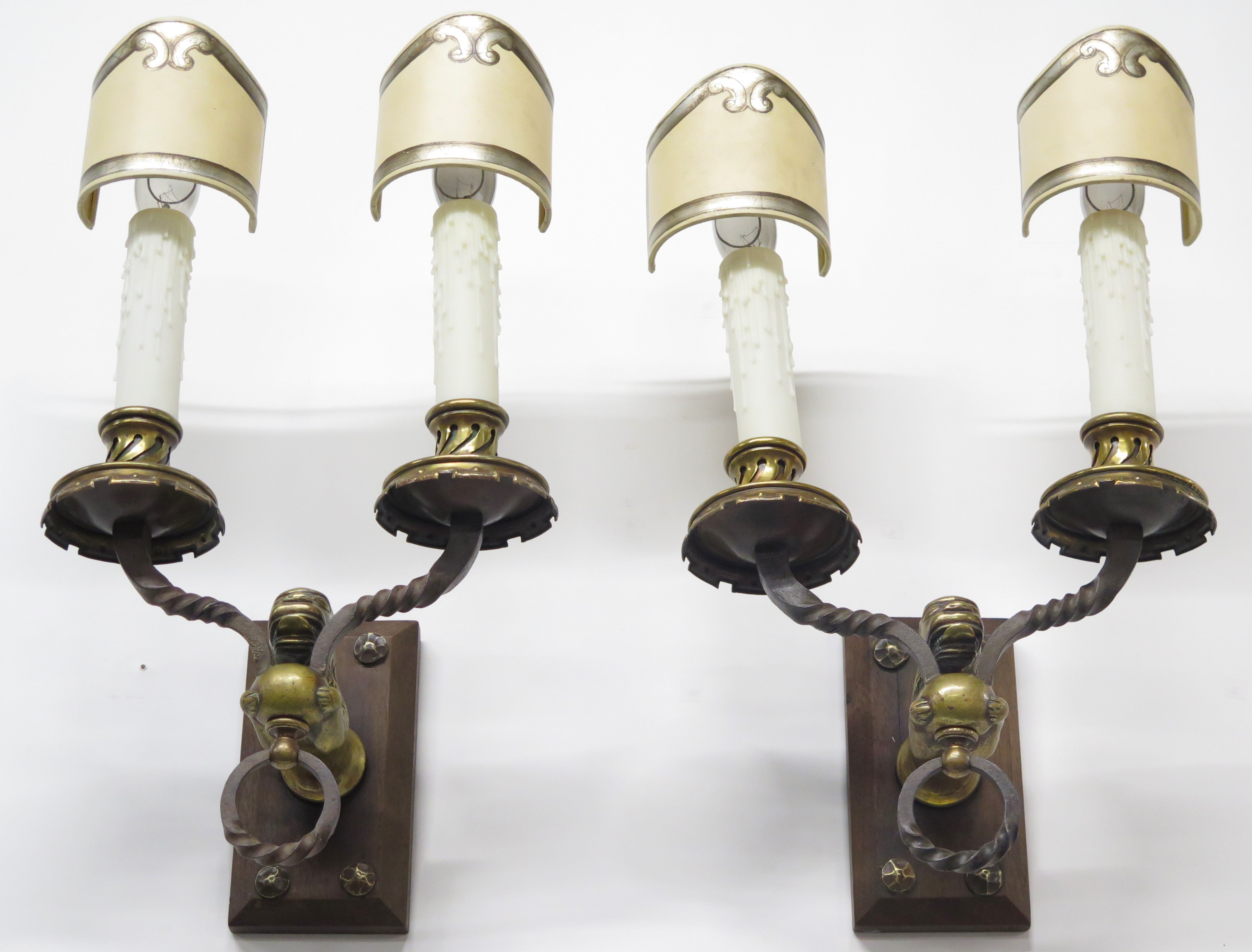 A Pair of Early 20th C. Hand Wrought Iron Two Light Sconces
