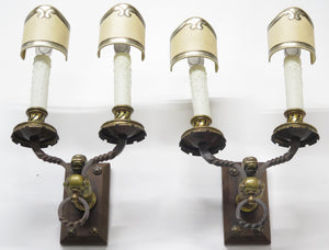 A Pair of Early 20th C. Hand Wrought Iron Two Light Sconces