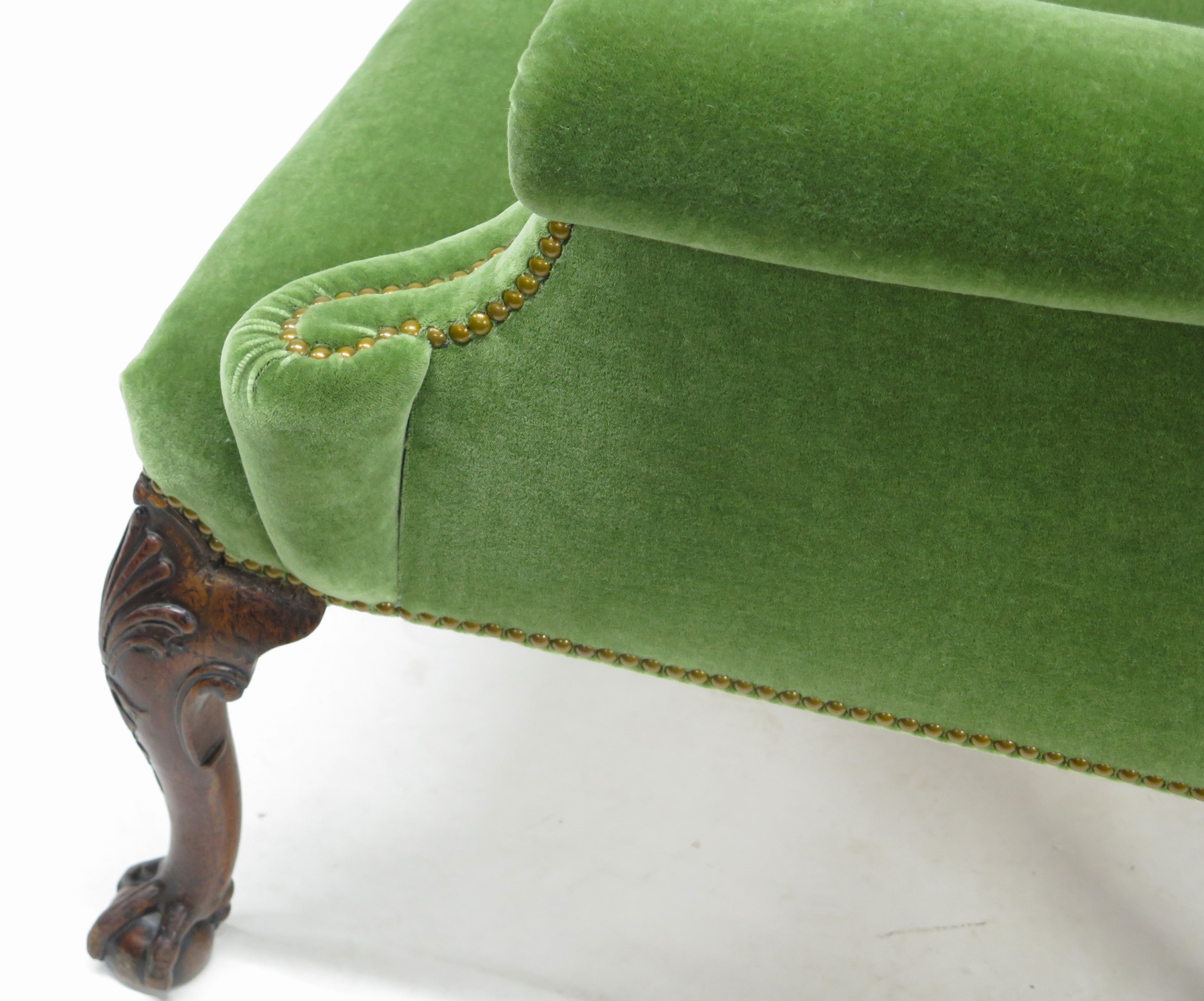 Early George II Settee, circa 1730s, in Moss Green Mohair Velvet