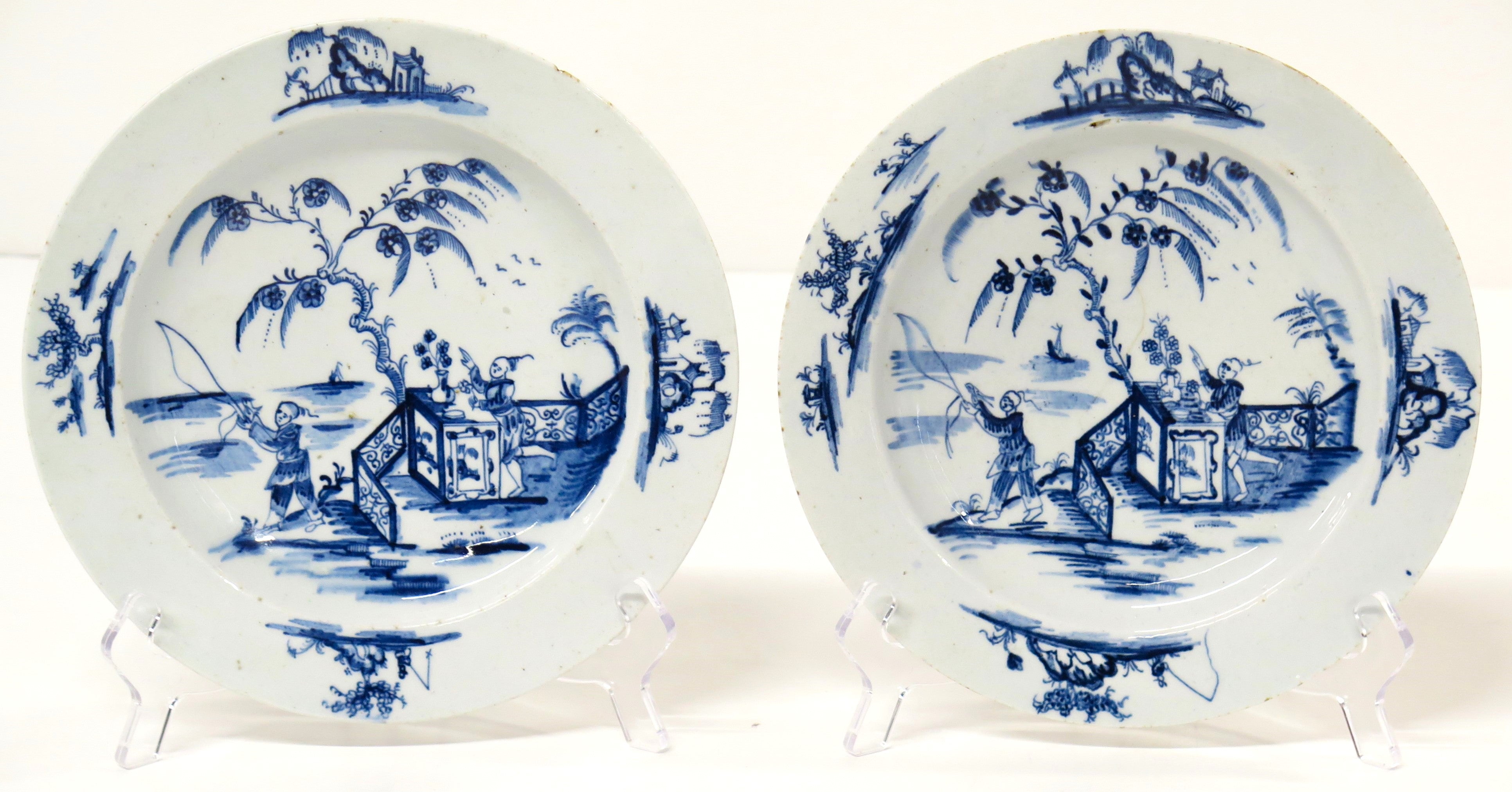 Pair of Blue and White Lowestoft Chinese-Style Plates, circa 1768-70