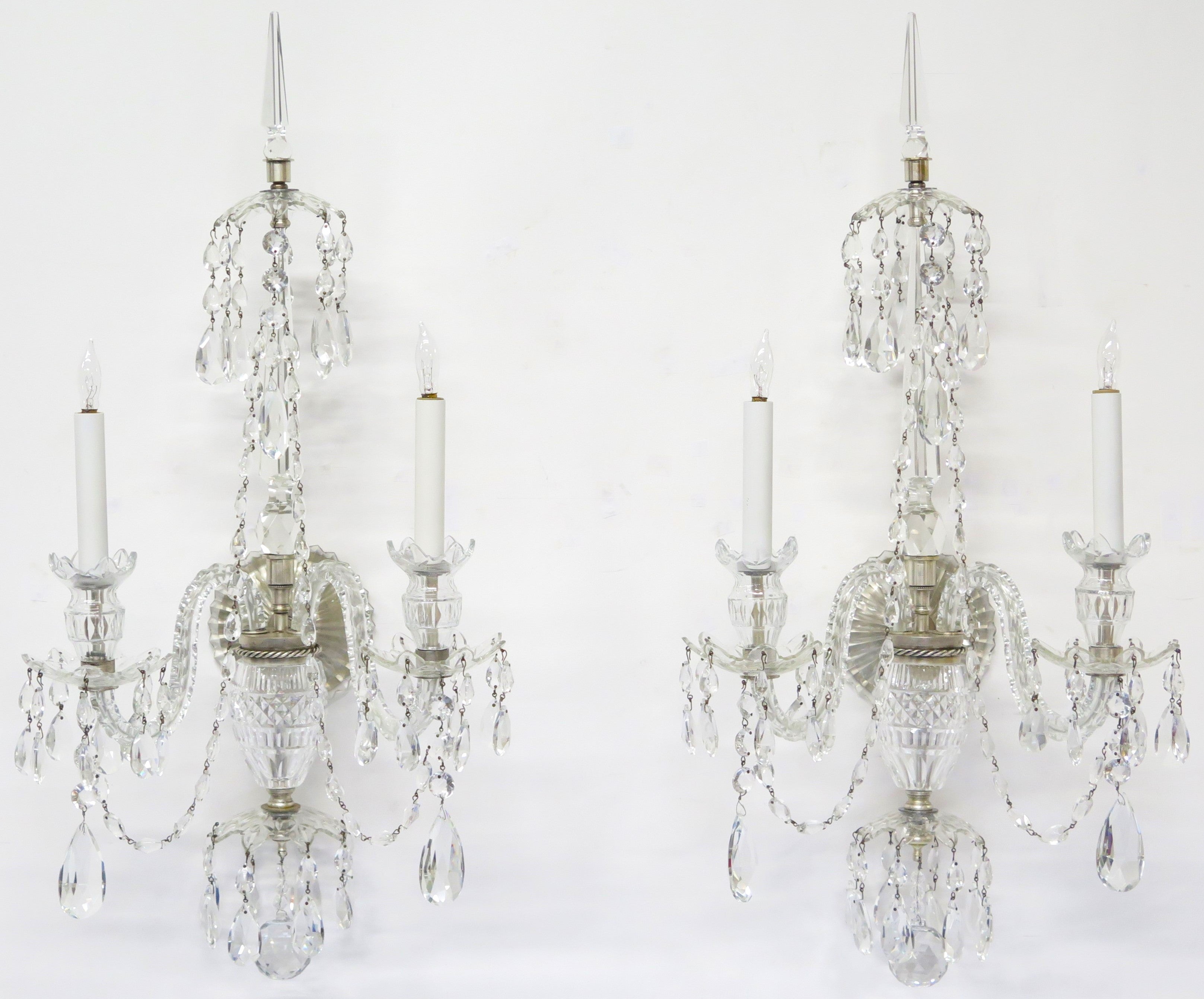 A Large Scale Pair of Georgian Design Two Light Crystal Sconces