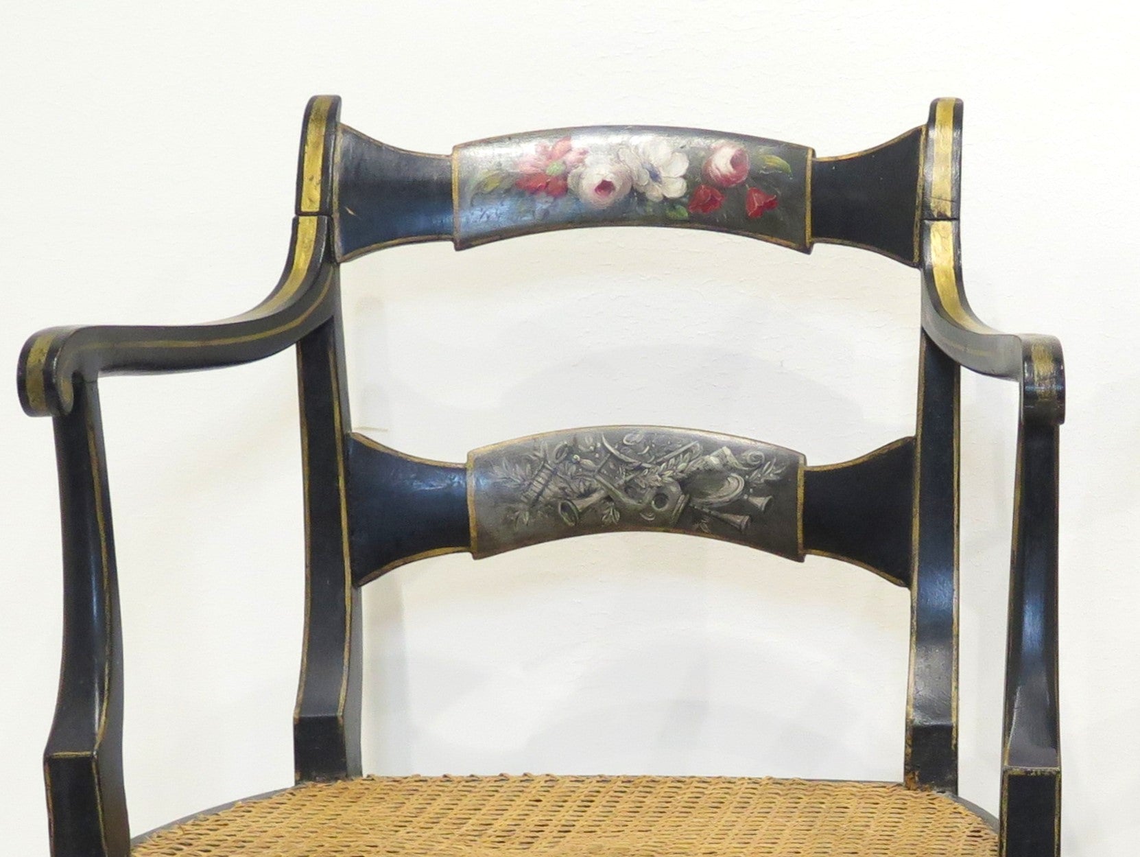 Pair of 19th Century English Black Painted Open Armchairs