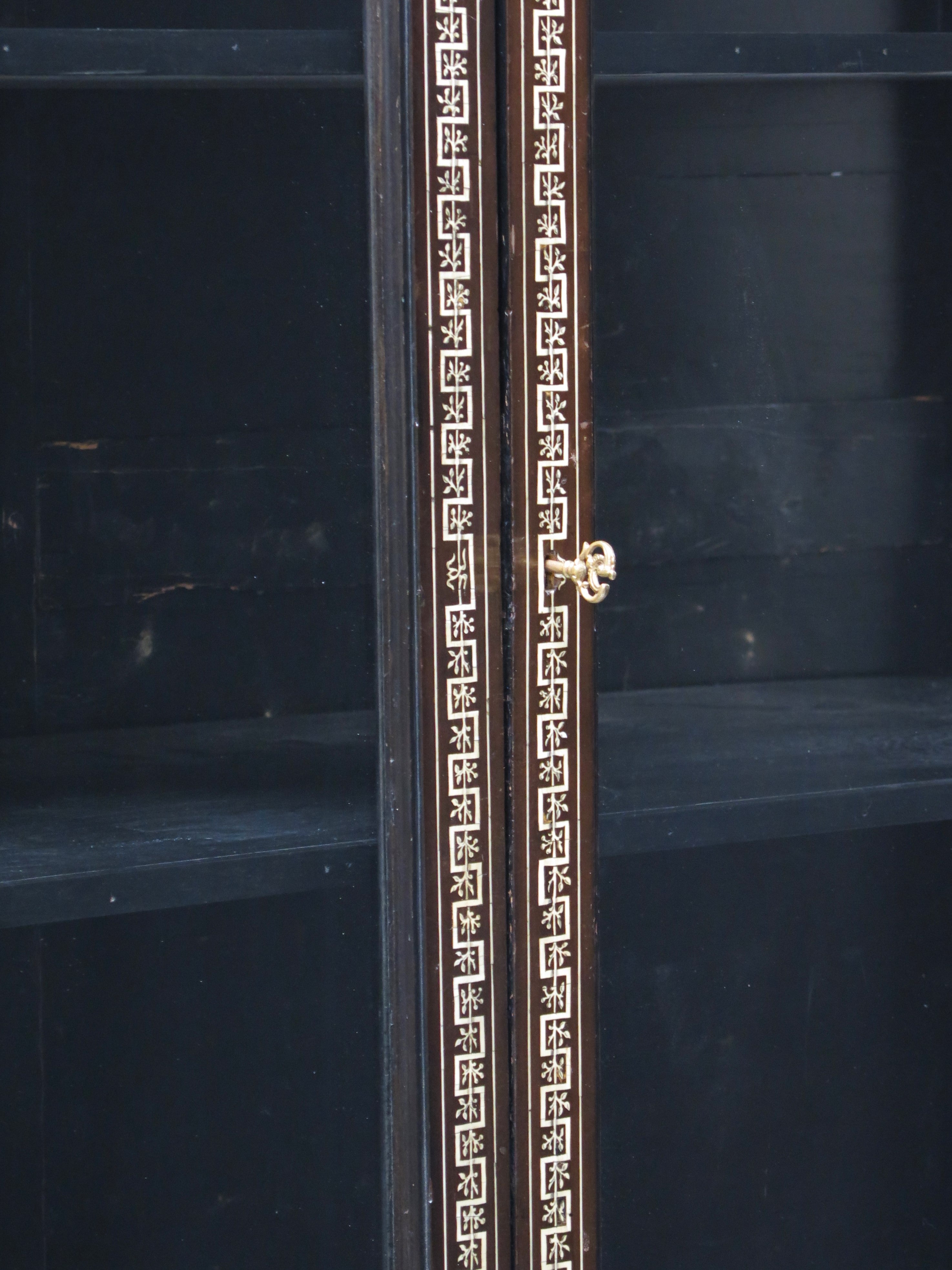 North Italian Ebonized Marquetry Inlaid Vitrine Cabinet Illuminated