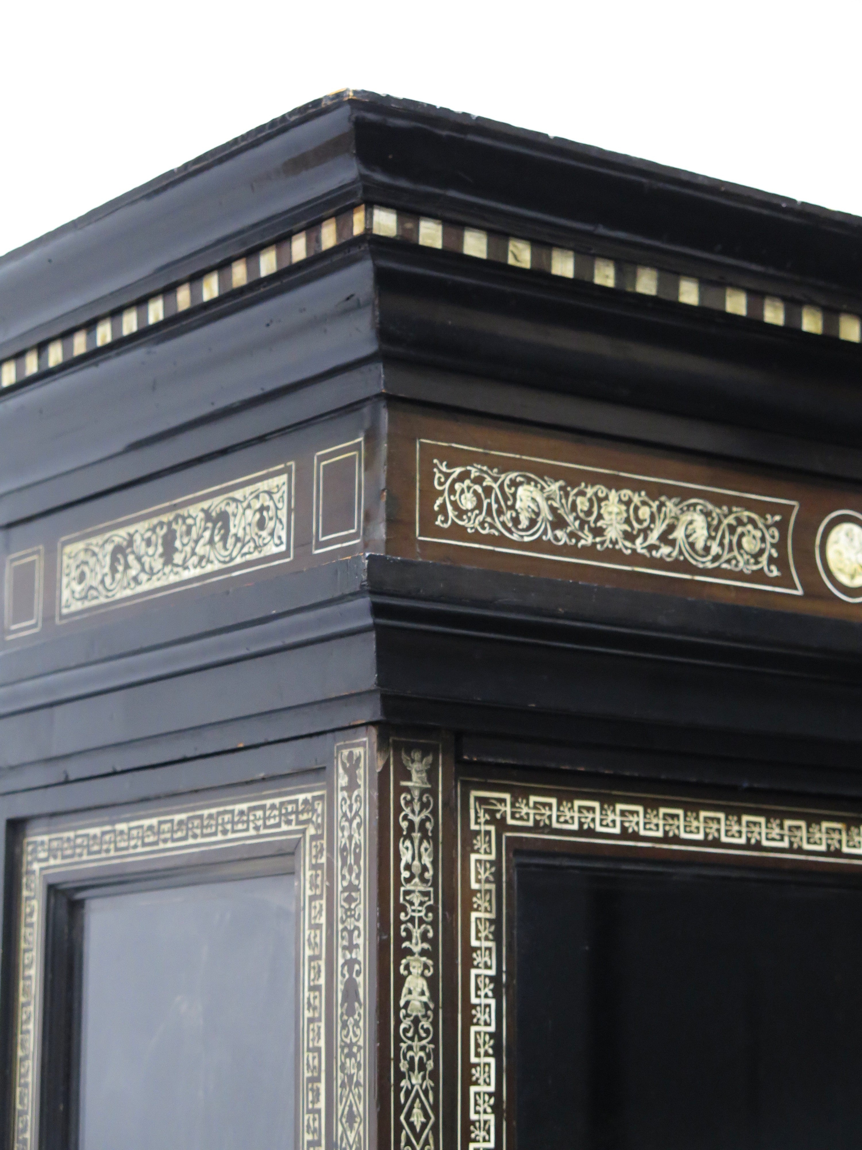 North Italian Ebonized Marquetry Inlaid Vitrine Cabinet Illuminated