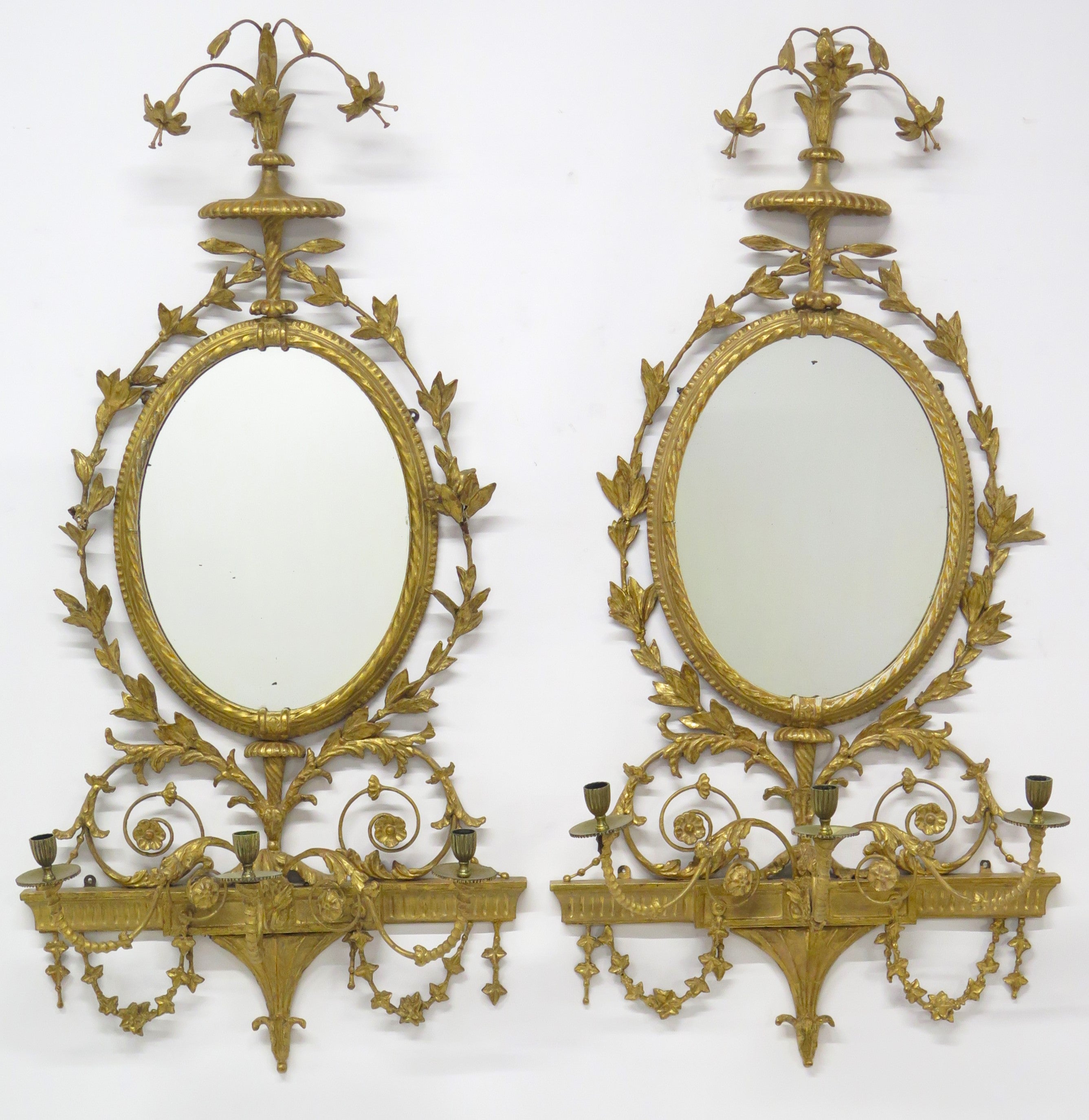 Pair of Georgian Revival Robert Adam-Style 3-Light Girandoles