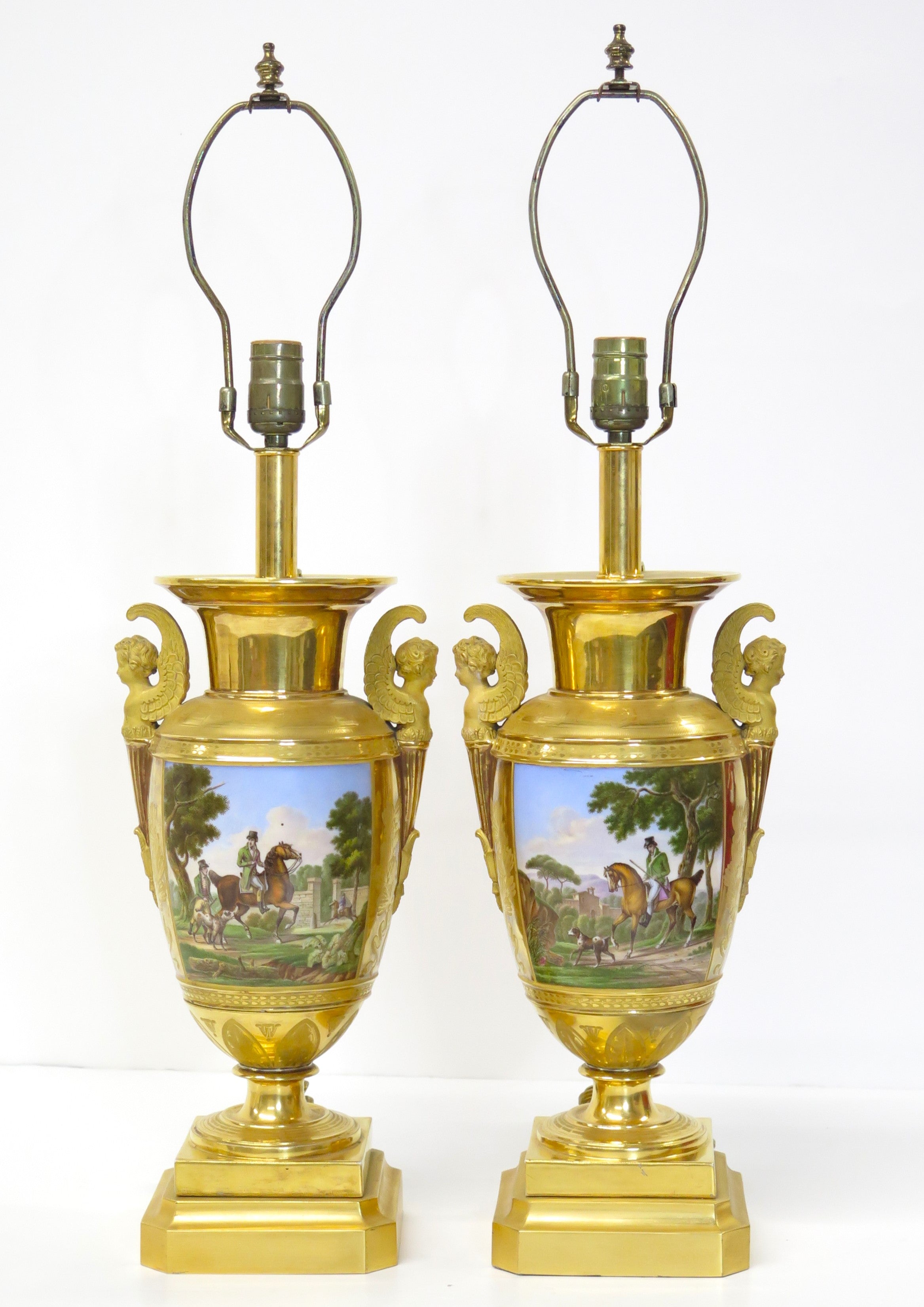Pair of Gilt Bronze and "Old Paris" Porcelain Neoclassical Table Lamps