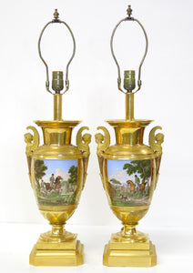Pair of Gilt Bronze and "Old Paris" Porcelain Neoclassical Table Lamps