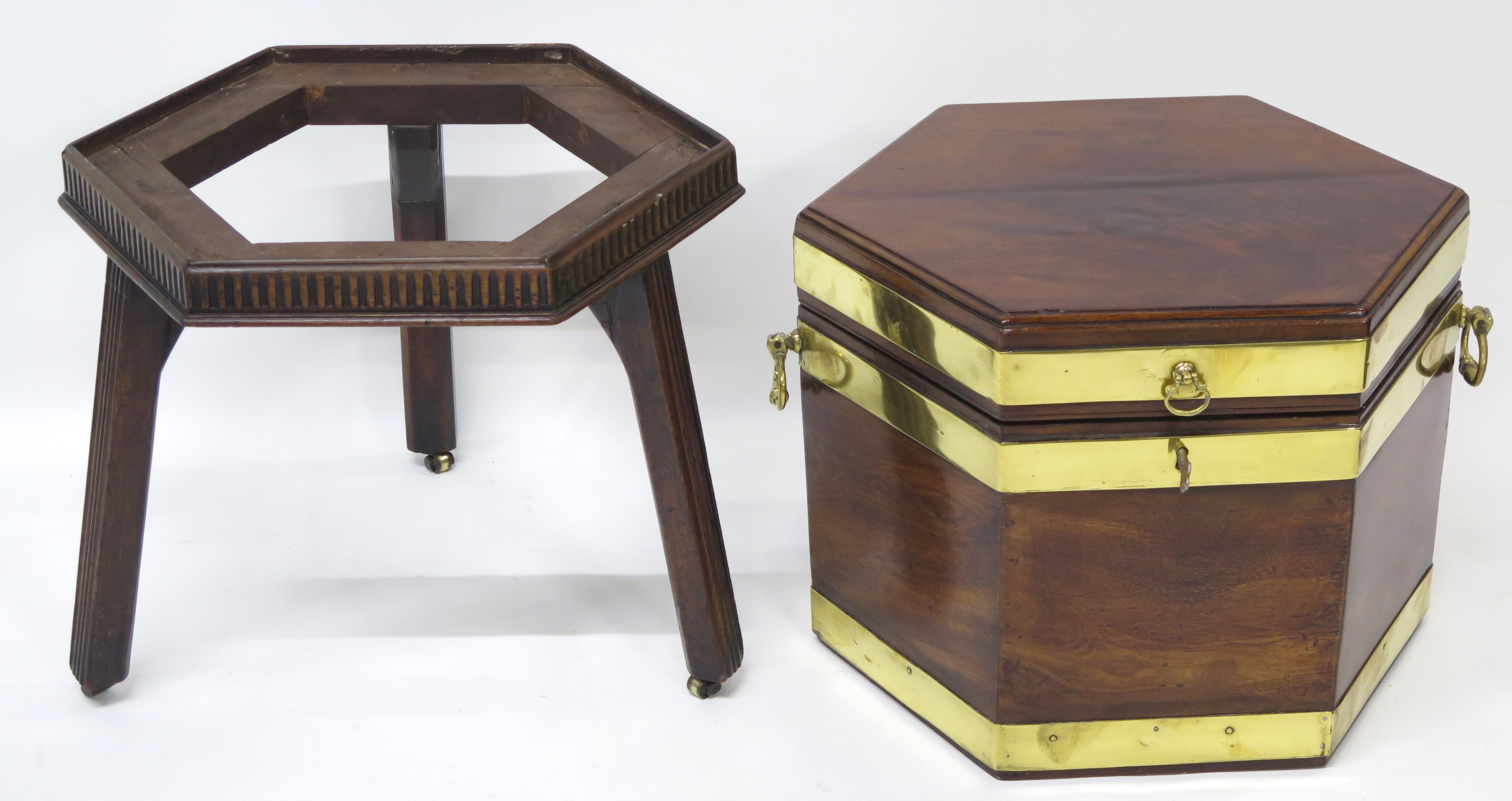 Georgian Mahogany Hexagonal Cellarette with Wide Brass Bands